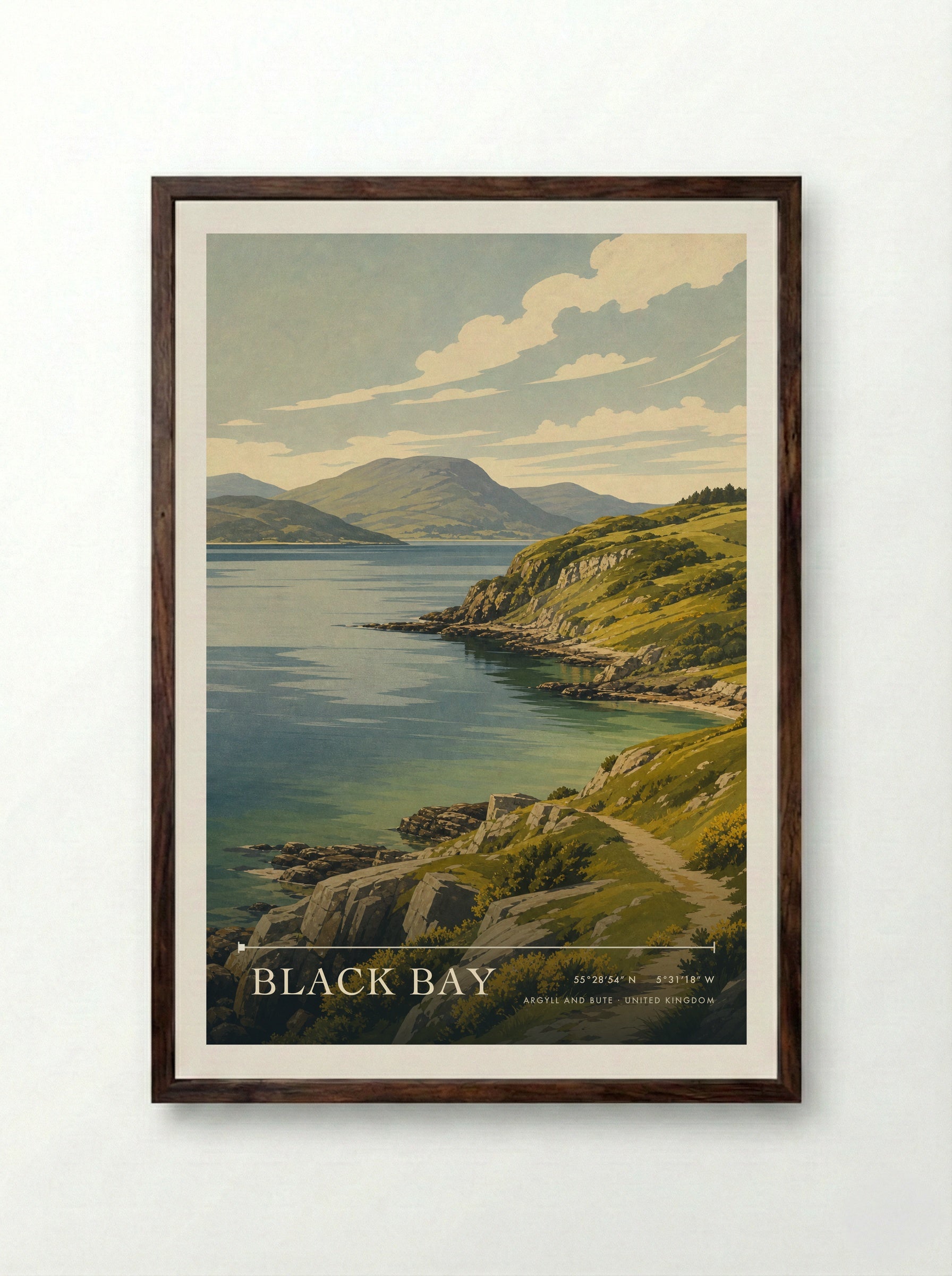 Black Bay Argyll and Bute United Kingdom Travel Poster - Framed Print Dark Wood