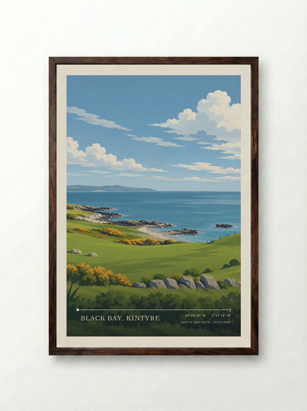 Black Bay, Kintyre, Argyll and Bute | Travel Poster - Framed Print Dark Wood