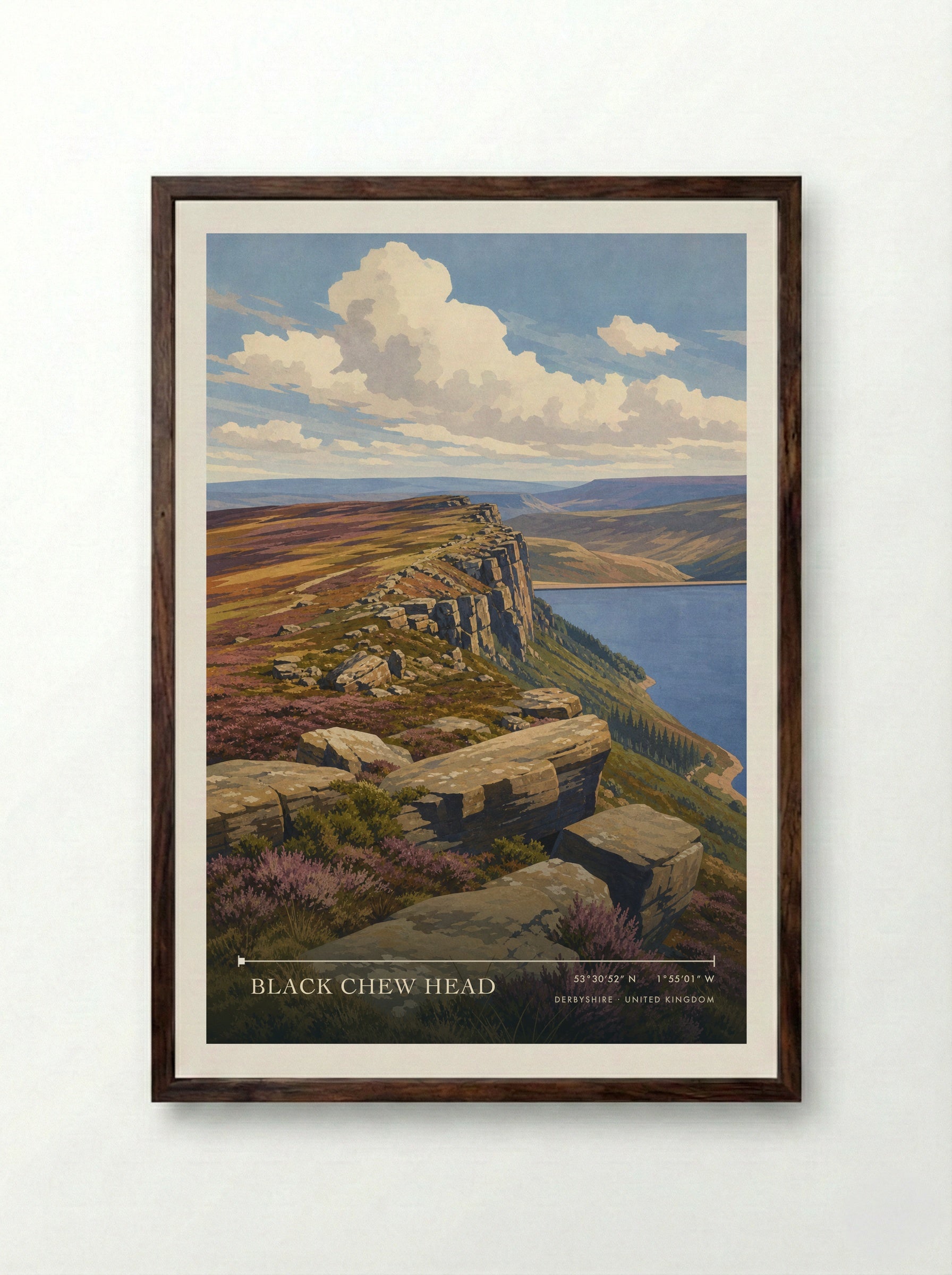 Black Chew Head Derbyshire United Kingdom Travel Poster - Framed Print Dark Wood