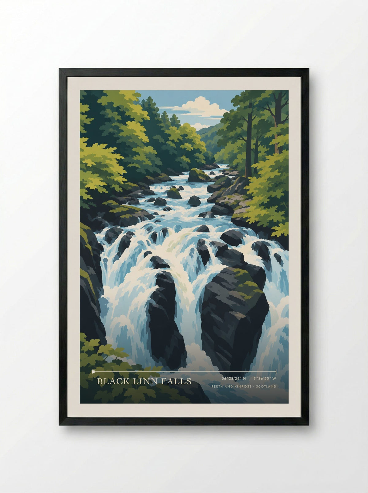 Black Linn Falls, Perth and Kinross | Travel Poster - Framed Print Black