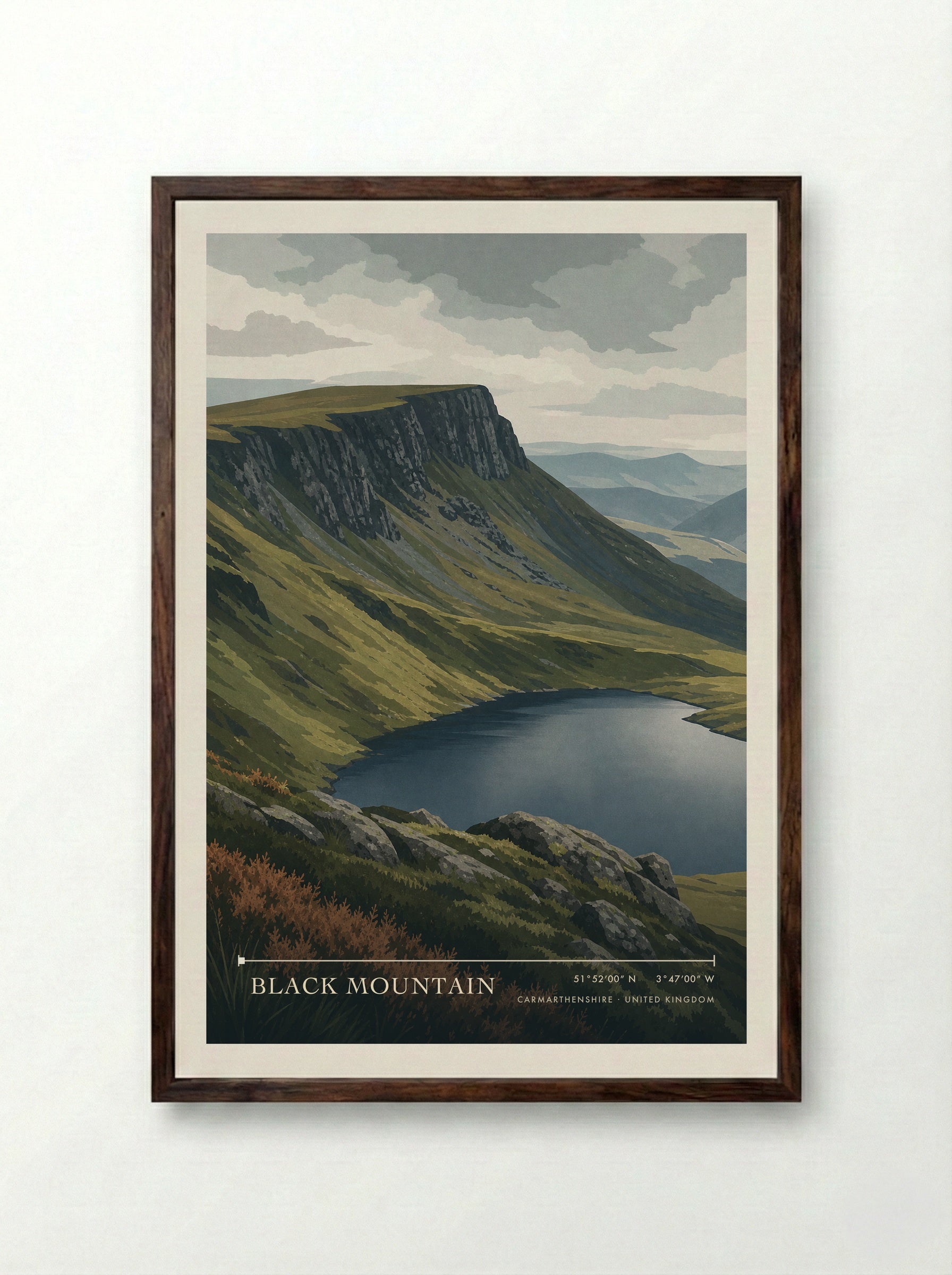 Black Mountain Carmarthenshire United Kingdom Travel Poster - Framed Print Dark Wood