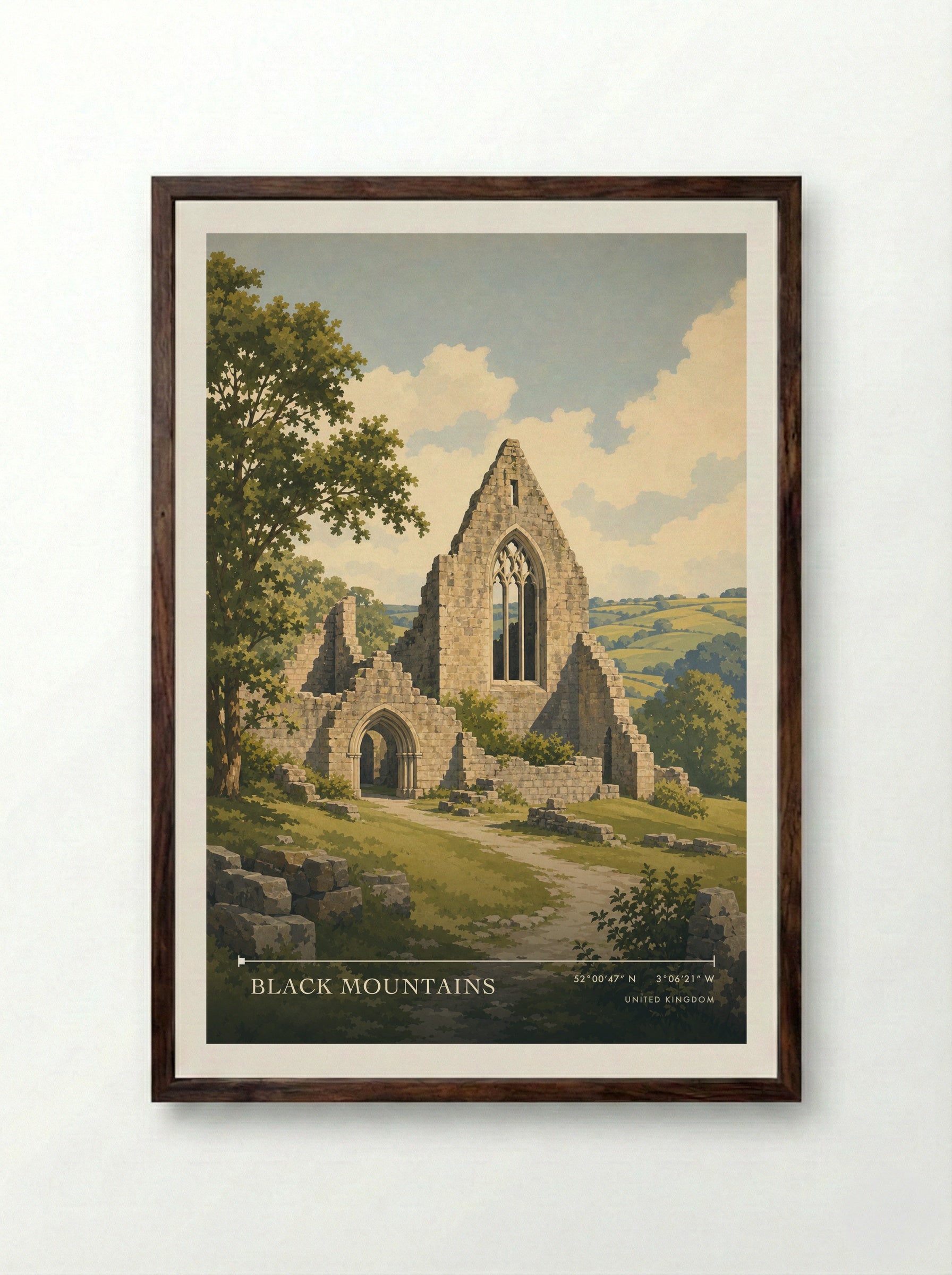 Black Mountains United Kingdom Travel Poster - Framed Print Dark Wood