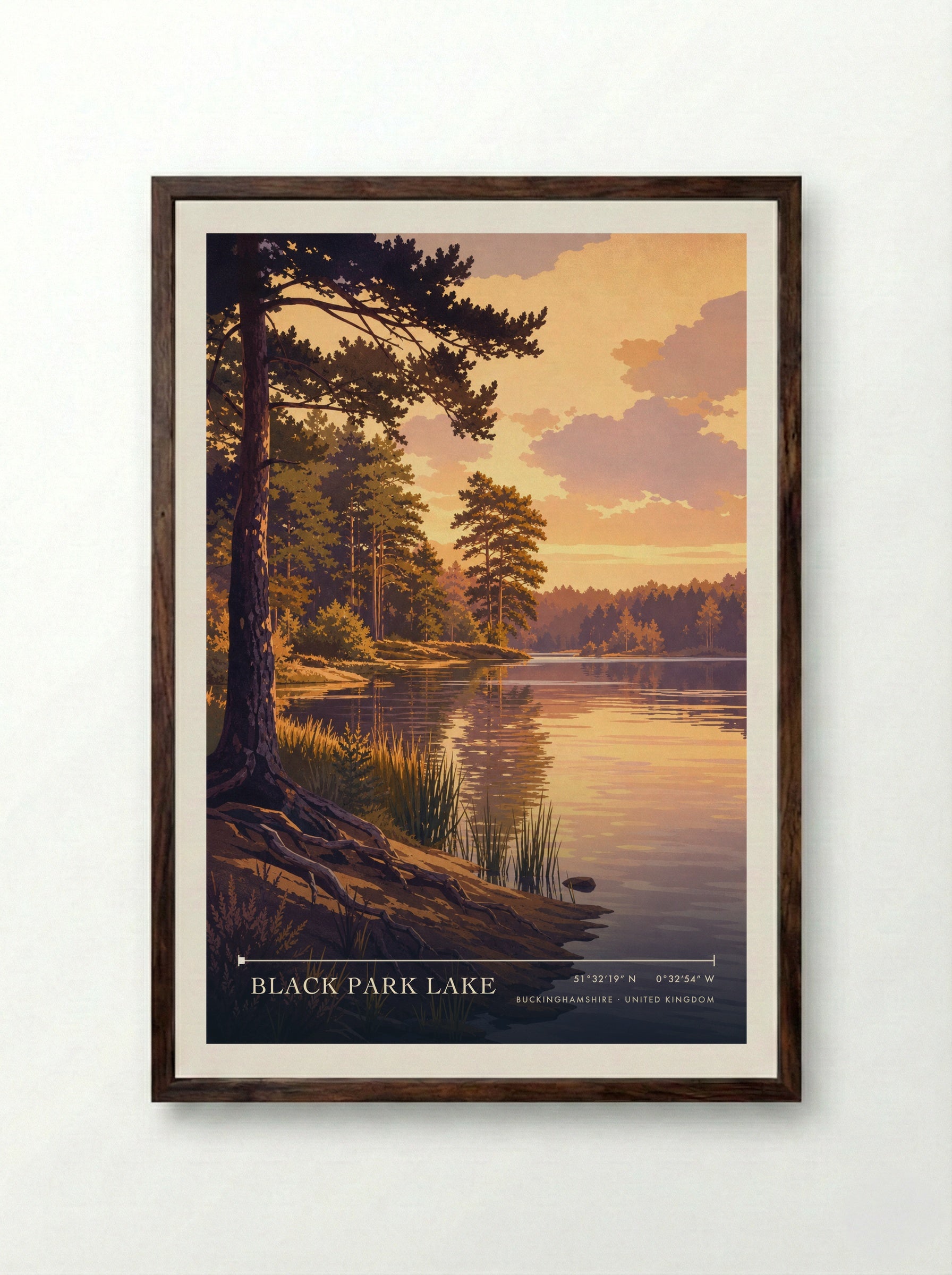 Black Park Lake Buckinghamshire United Kingdom Travel Poster - Framed Print Dark Wood