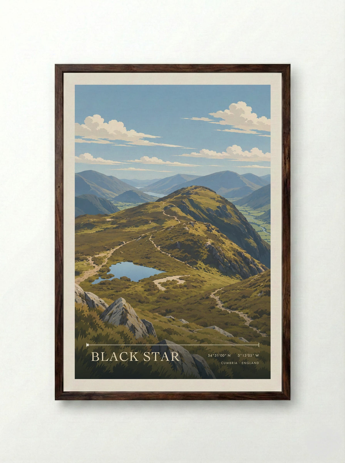 Black Star, Cumbria | Travel Poster - Framed Print Dark Wood