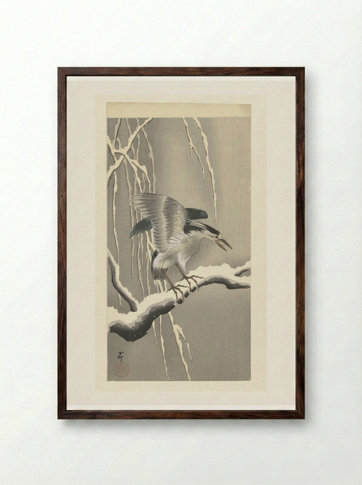 Black-crowned Night Heron on a Snowy Branch - Matsuki Heikichi - Framed Print Dark Wood