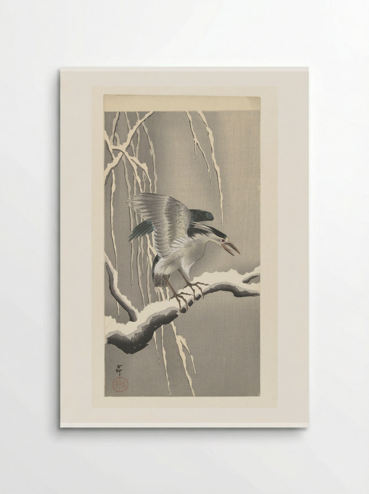 Black-crowned Night Heron on a Snowy Branch - Matsuki Heikichi - Poster