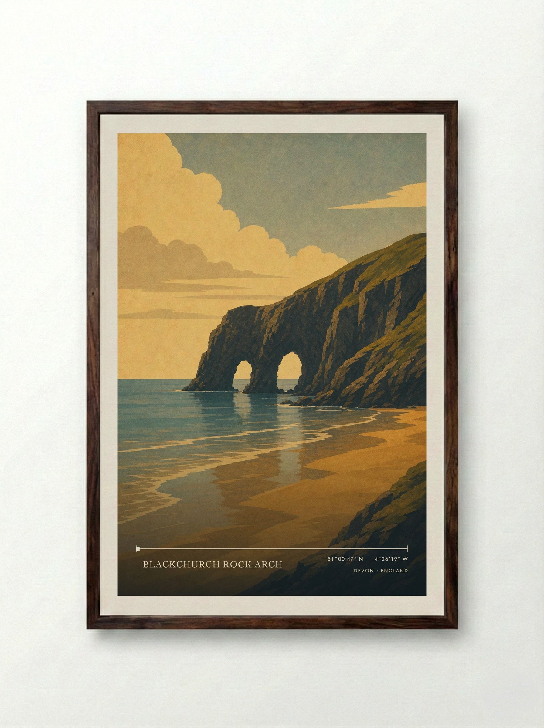 Blackchurch Rock Arch Devon England Travel Poster - Framed Print Dark Wood