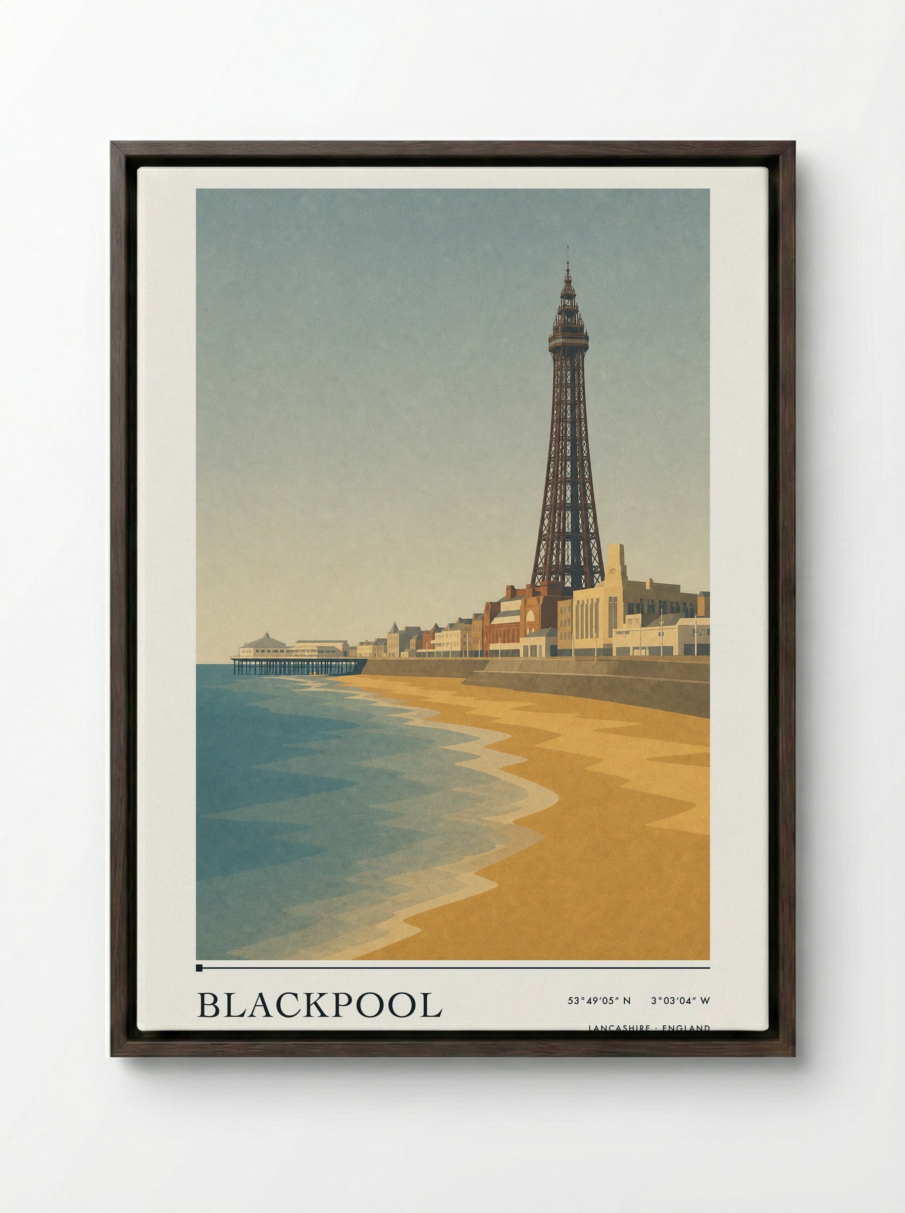 Blackpool Lancashire Travel Poster - Framed Canvas Dark Wood