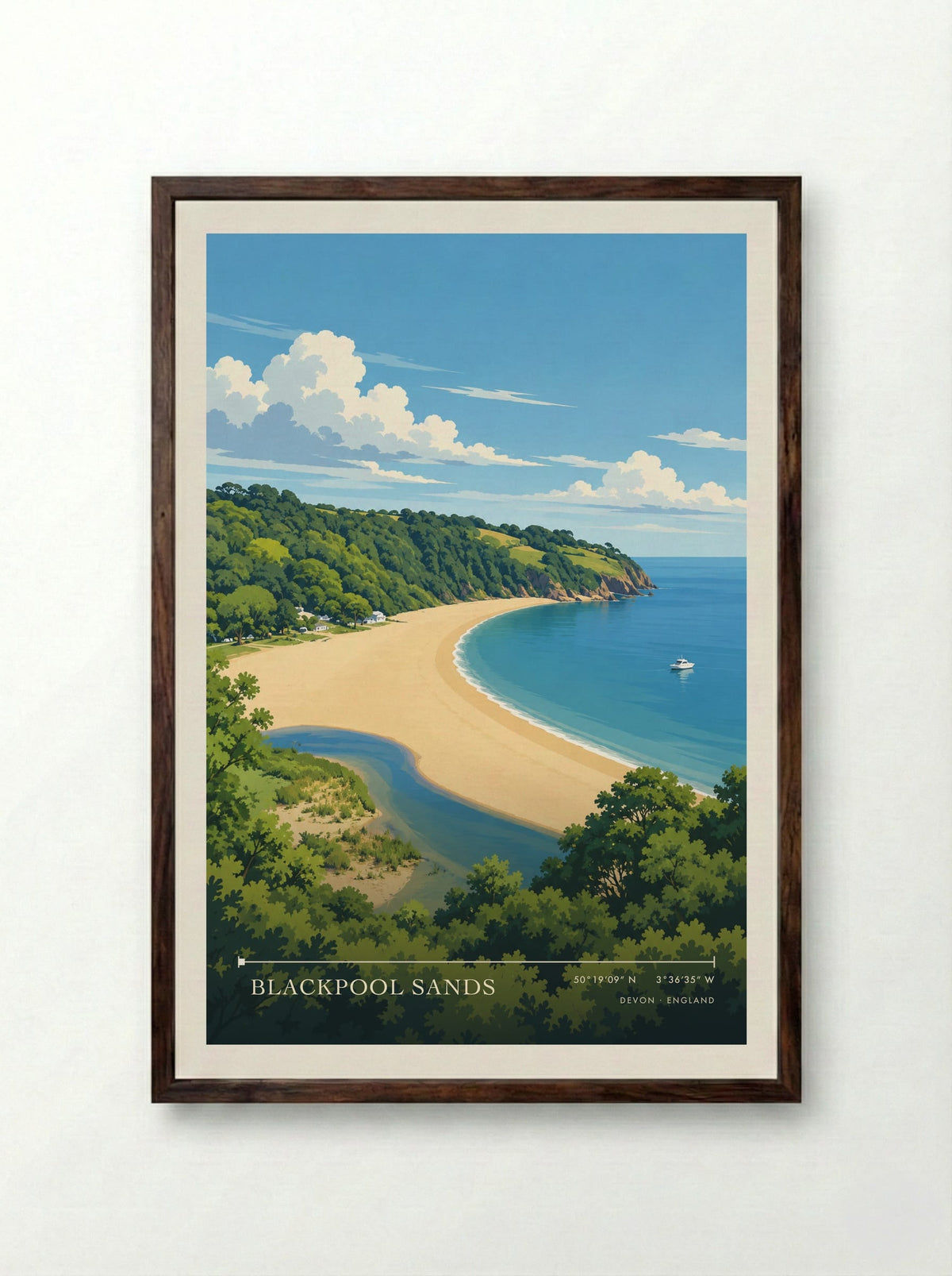 Blackpool Sands, Devon | Travel Poster - Framed Print Dark Wood