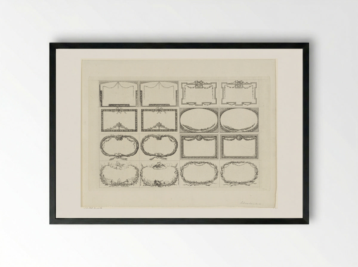 Blad met zestien verschillende cartouches - Jacob Schwartzenbach - Framed Print Black