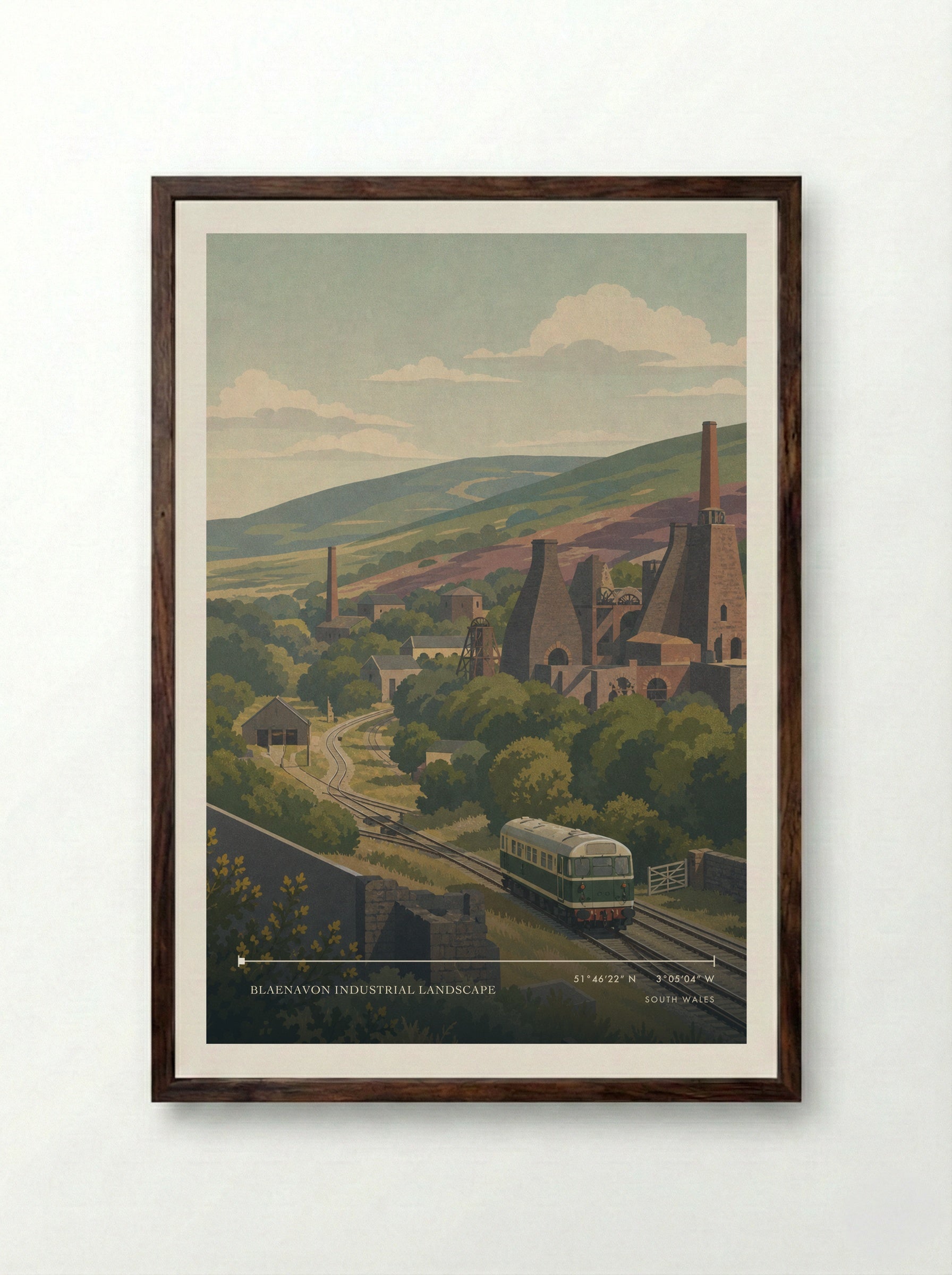 Blaenavon Industrial Landscape South Wales Wales Travel Poster - Framed Print Dark Wood