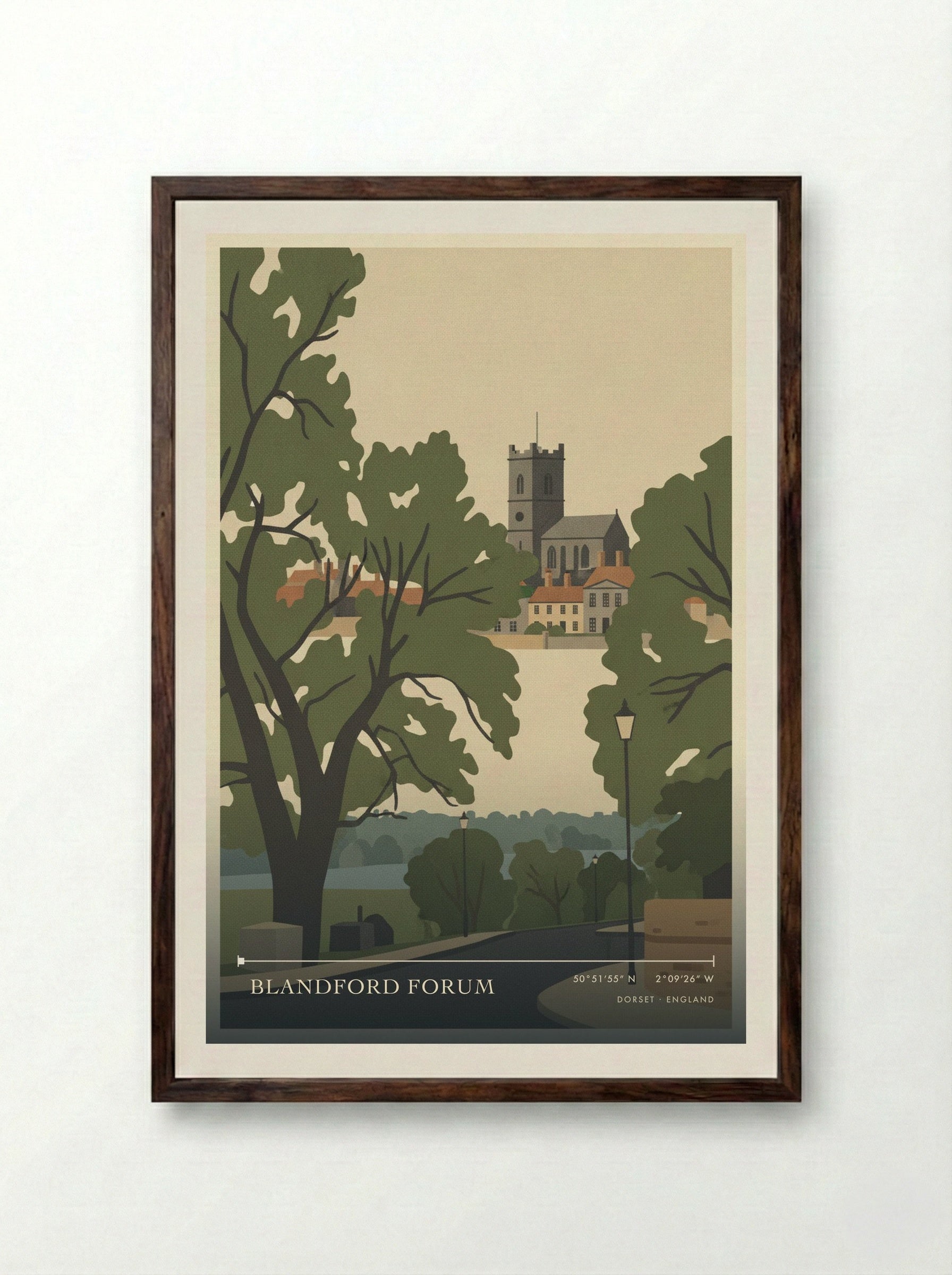 Blandford Forum Dorset England Travel Poster - Framed Print Dark Wood