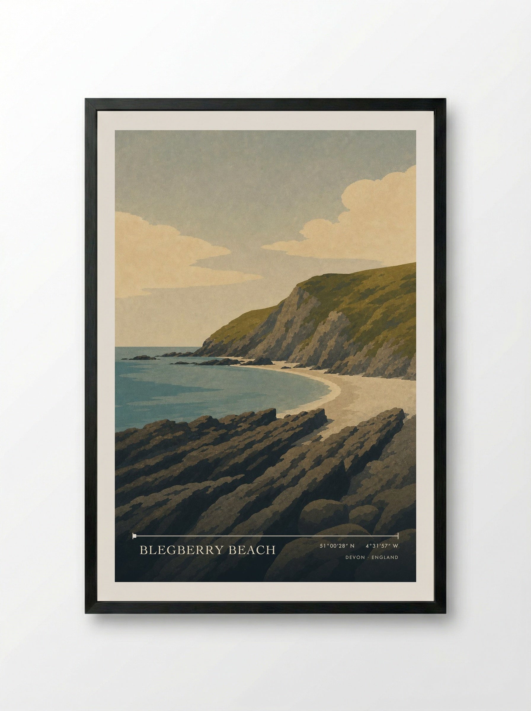 Blegberry Beach Devon England Travel Poster - Framed Print Black