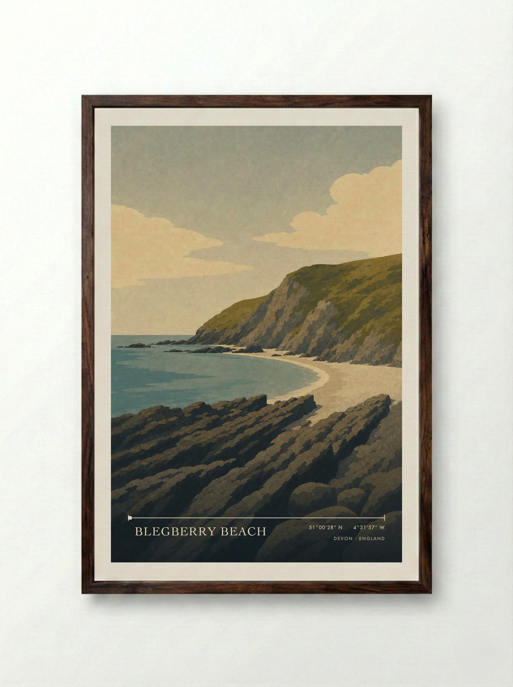 Blegberry Beach Devon England Travel Poster - Framed Print Dark Wood