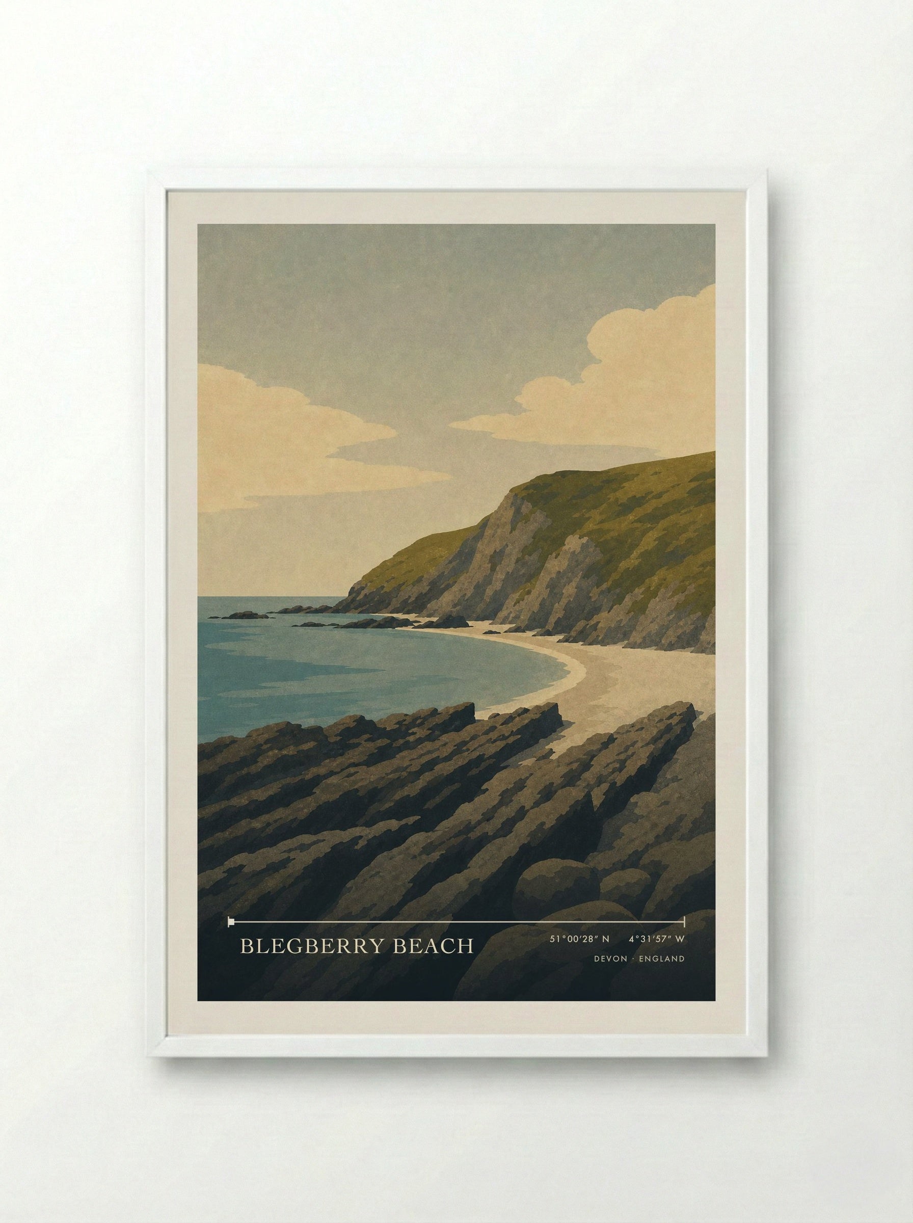 Blegberry Beach Devon England Travel Poster - Framed Print White