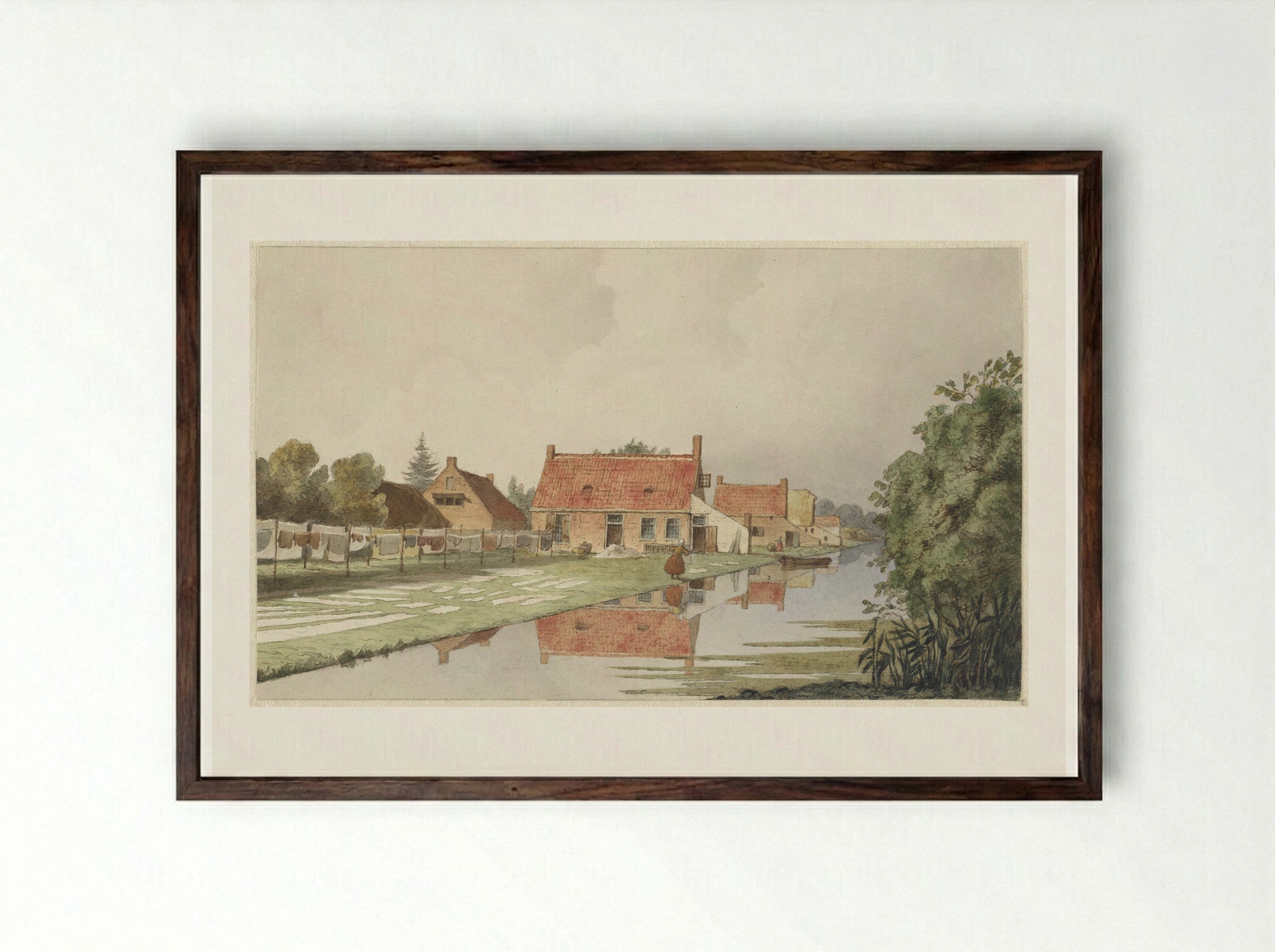Blekerijen achter een vaart - Hendrik Abraham Klinkhamer - Framed Print Dark Wood