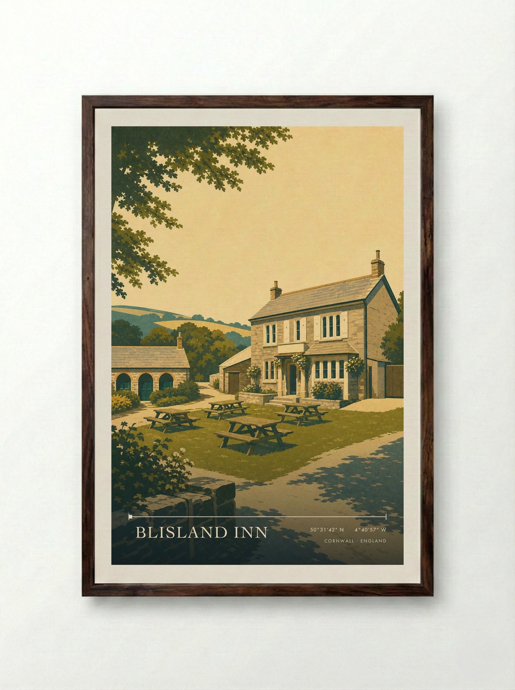 Blisland Inn Cornwall England Travel Poster - Framed Print Dark Wood