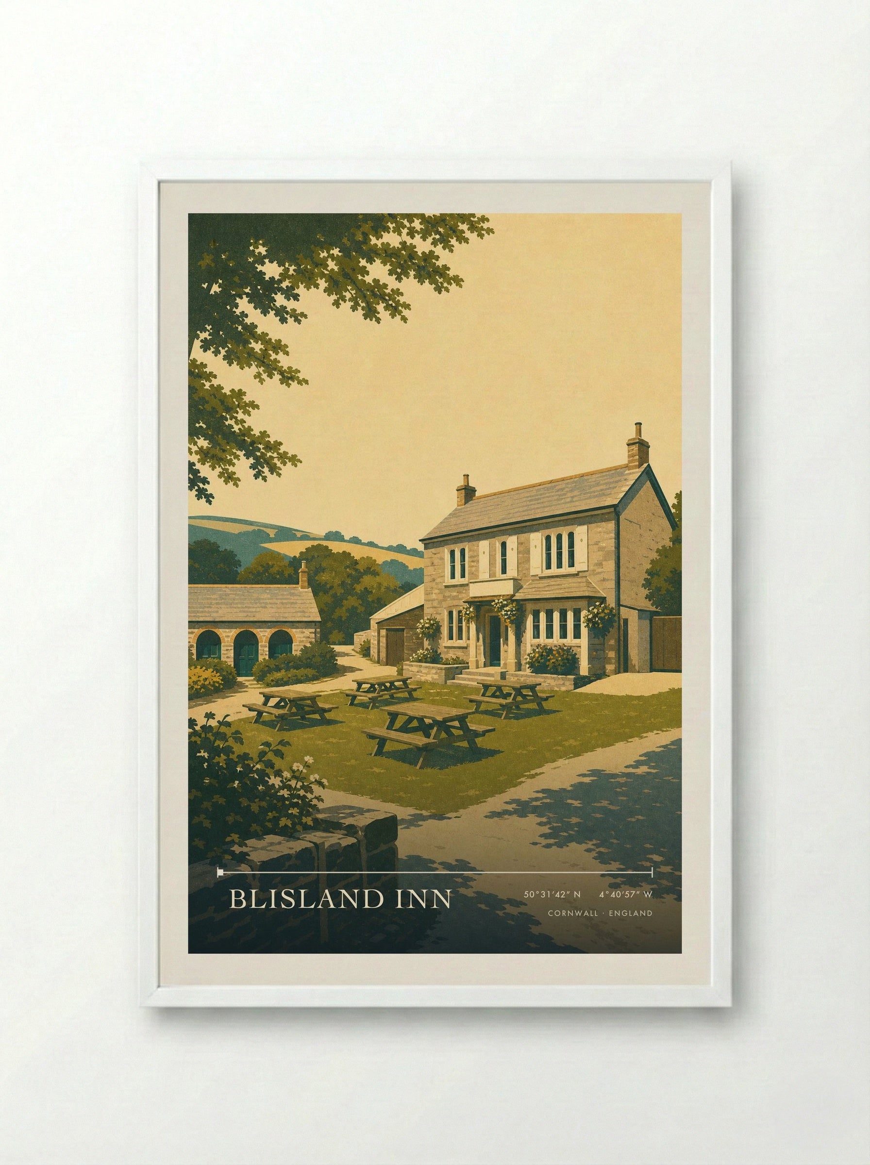 Blisland Inn Cornwall England Travel Poster - Framed Print White