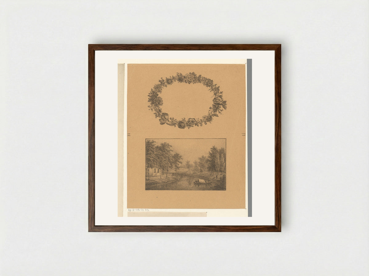 Bloemenkrans en rivier - Pieter Bartholomeusz. Barbiers - Framed Print Dark Wood