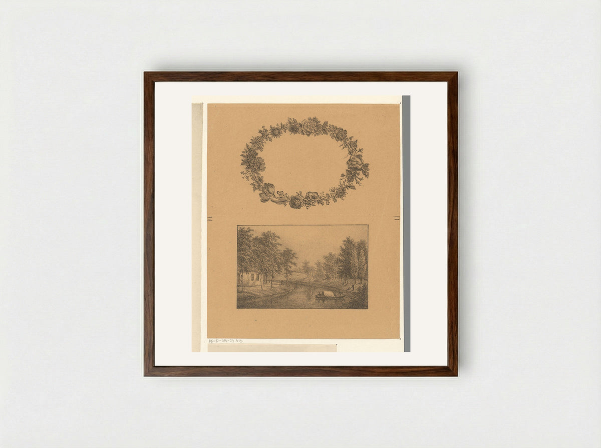 Bloemenkrans en rivier - Pieter Bartholomeusz. Barbiers - Framed Print Dark Wood