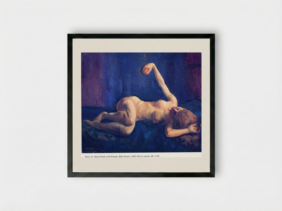 Blond Nude with Orange, Blue Couch - John French Sloan - Framed Print Black