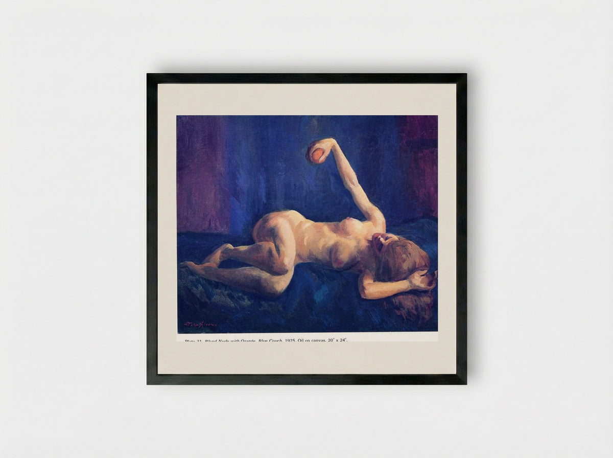 Blond Nude with Orange, Blue Couch - John French Sloan - Framed Print Black