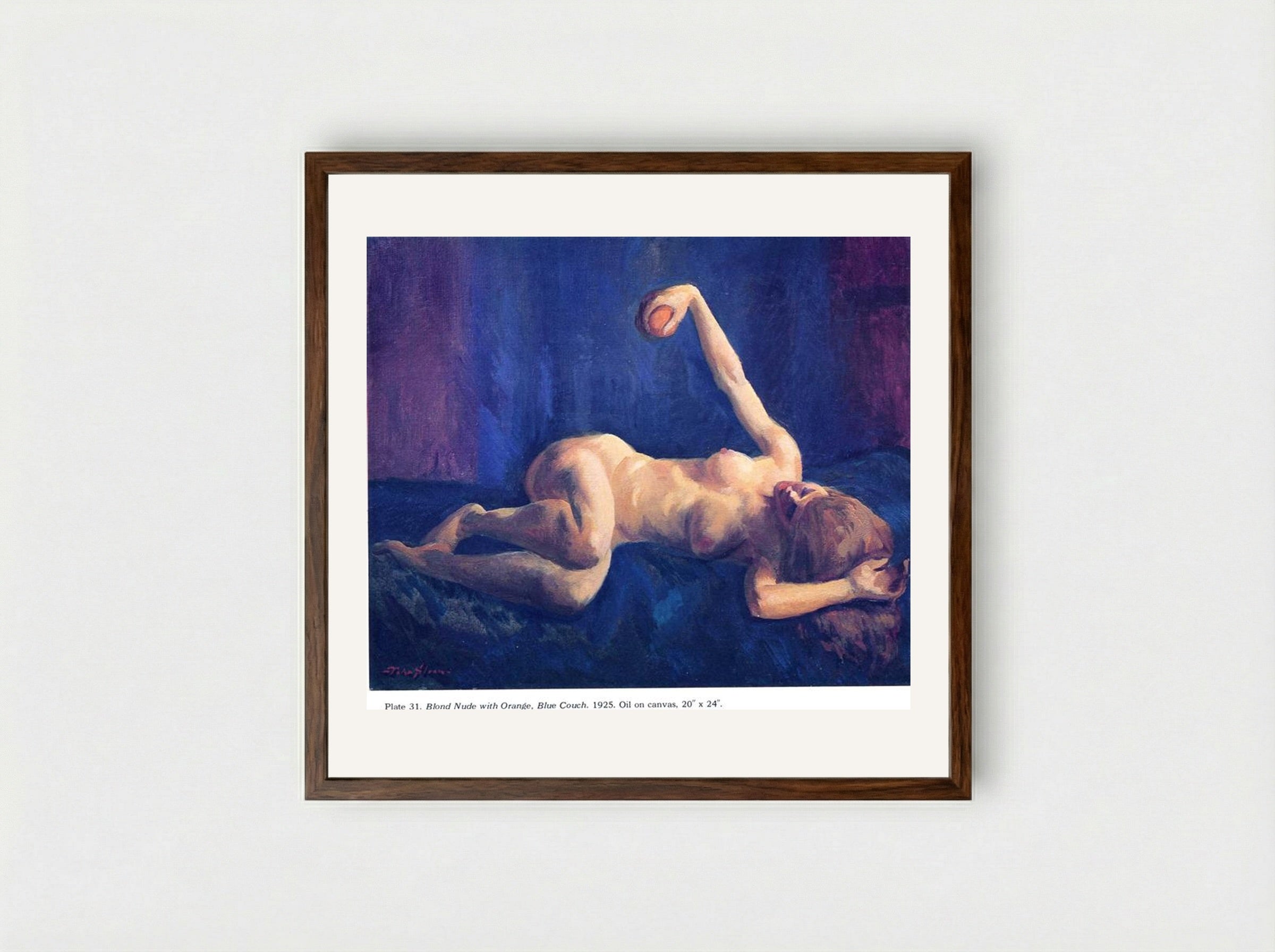 Blond Nude with Orange, Blue Couch - John French Sloan - Framed Print Dark Wood