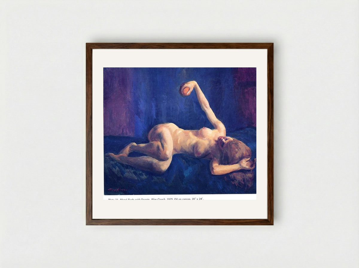 Blond Nude with Orange, Blue Couch - John French Sloan - Framed Print Dark Wood