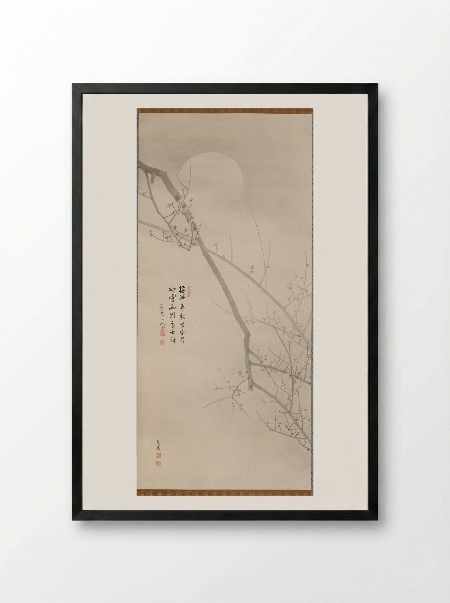 Blossoming Plum with Moon and Snow (left scroll) - Goshun (Matsumura Gekkei) - Framed Print Black