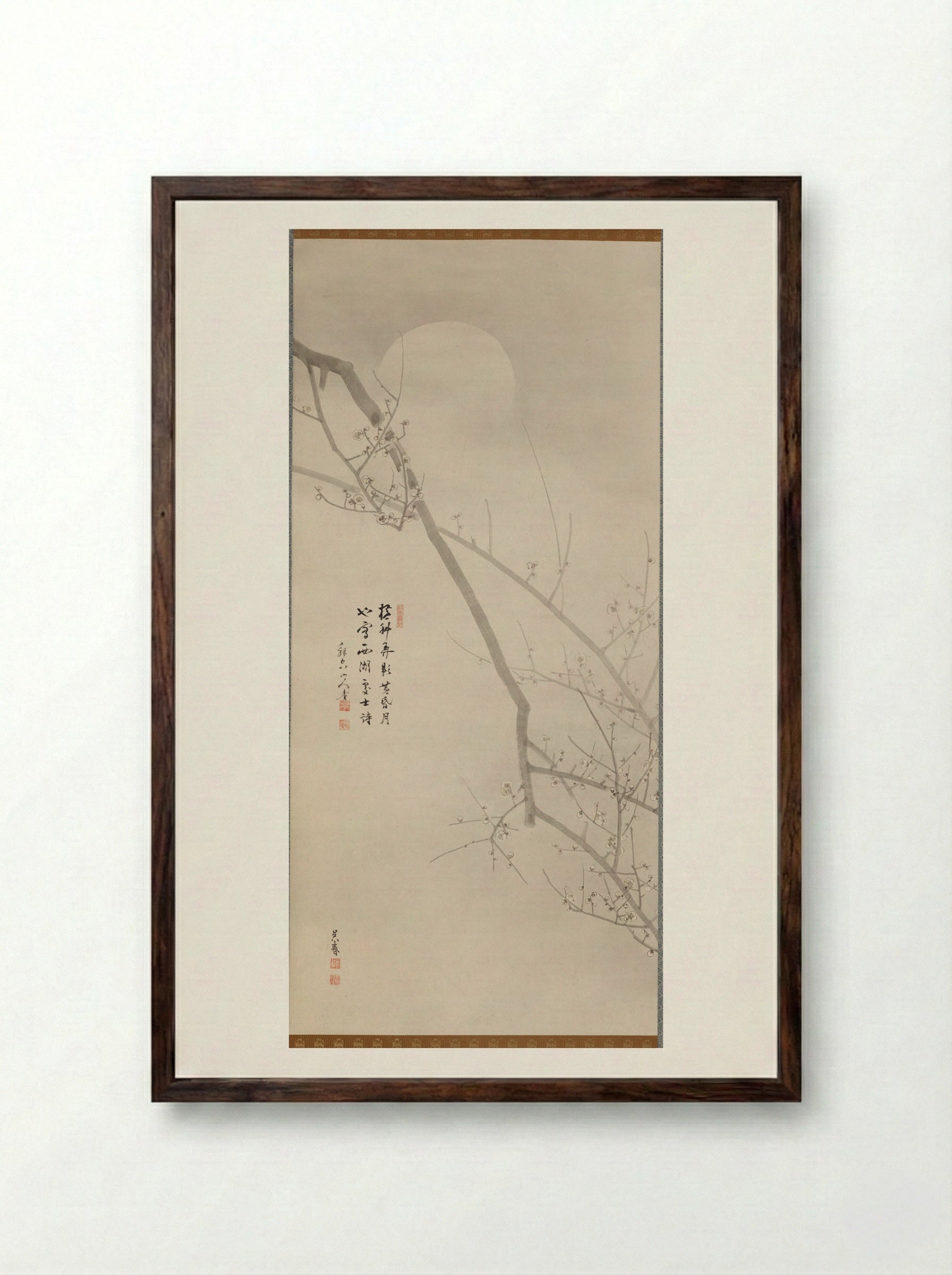 Blossoming Plum with Moon and Snow (left scroll) - Goshun (Matsumura Gekkei) - Framed Print Dark Wood
