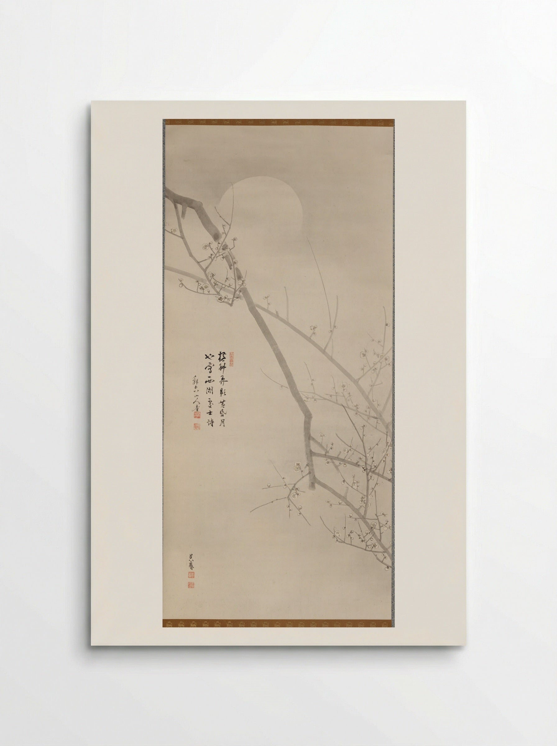 Blossoming Plum with Moon and Snow (left scroll) - Goshun (Matsumura Gekkei) - Poster