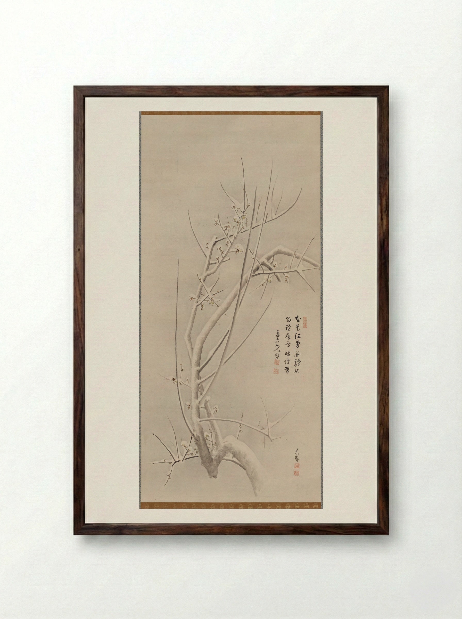 Blossoming Plum with Moon and Snow - Matsumura Gekkei (Goshun) - Framed Print Dark Wood