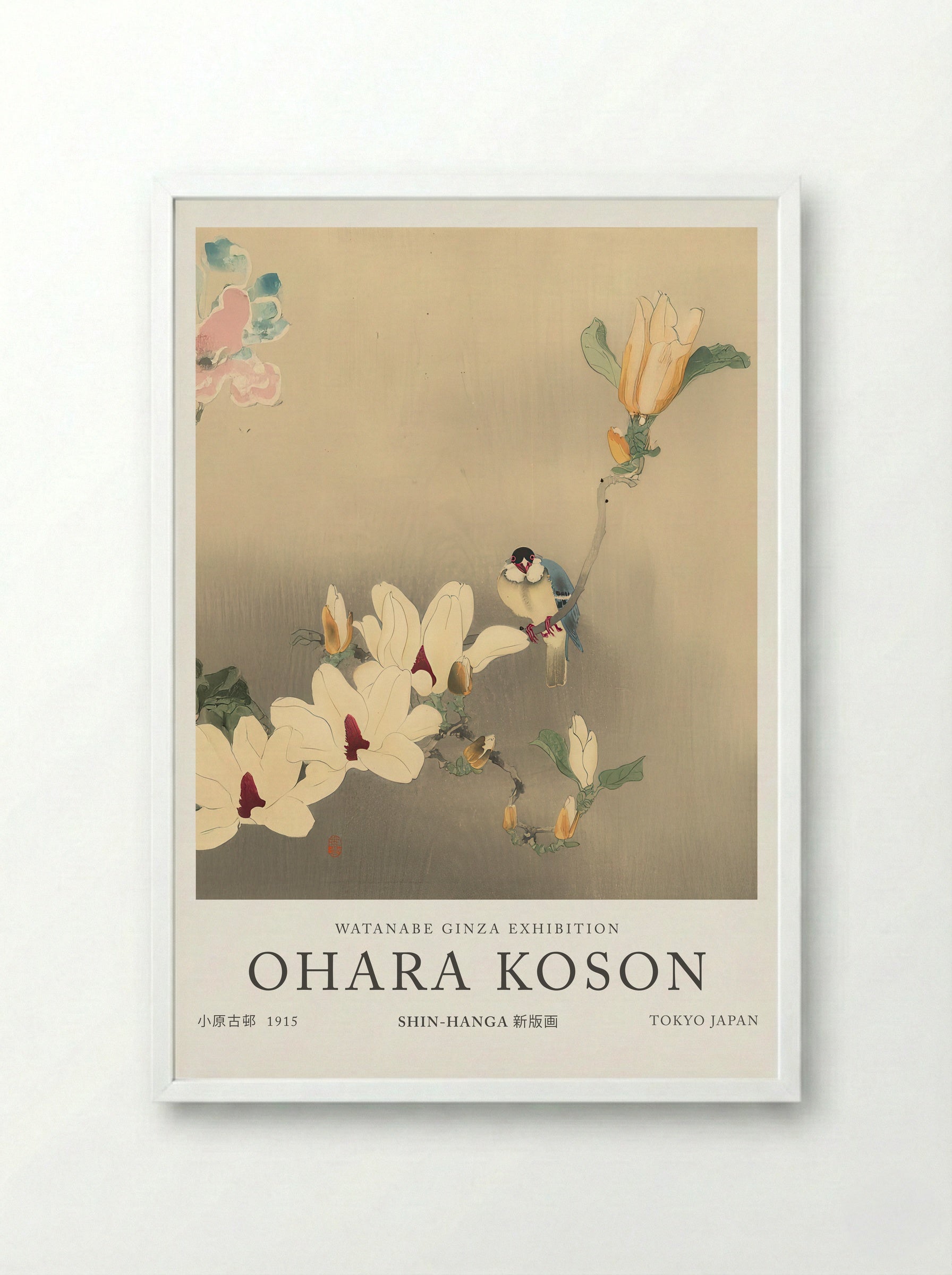 Blue Bird And Magnolia - Ohara Koson - Framed Print White