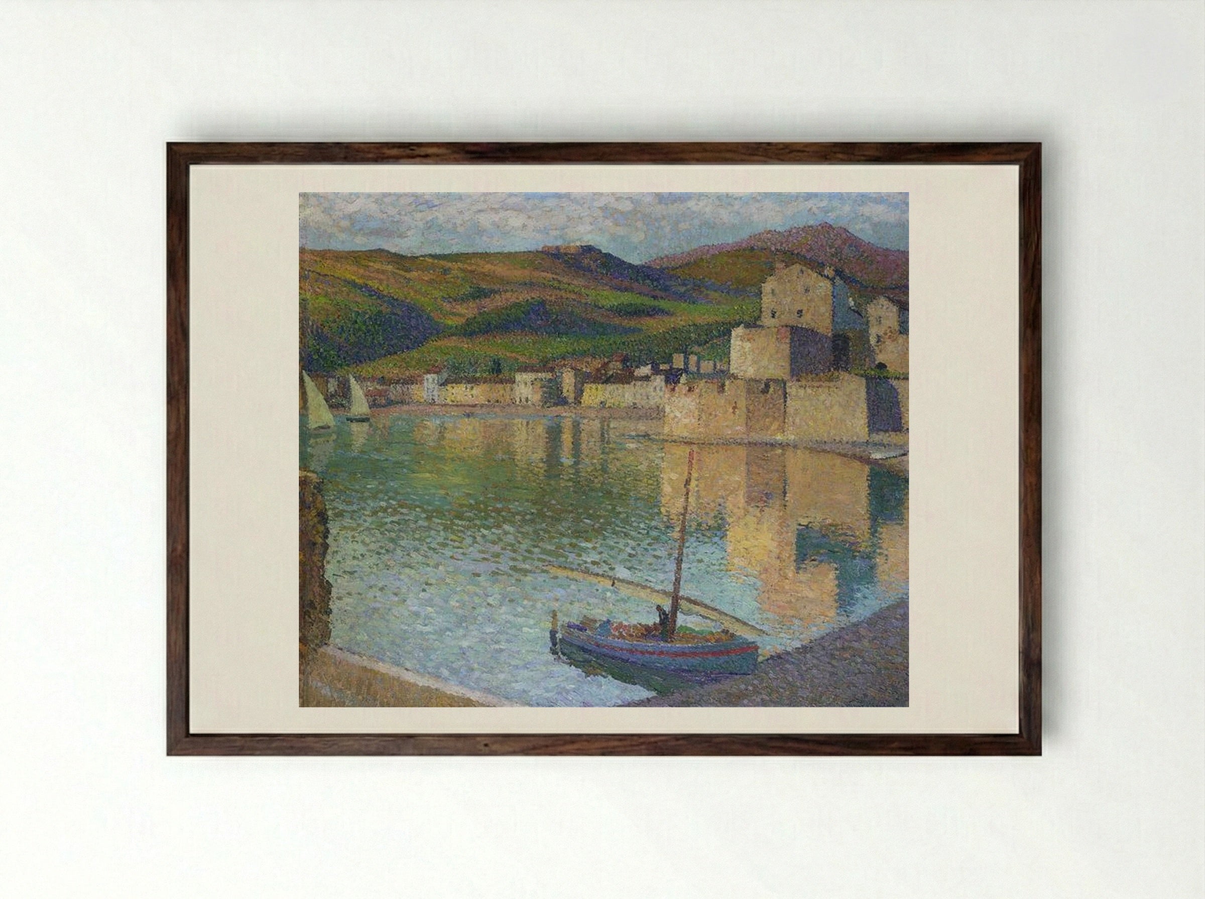 Blue Boat in Port Collioure - Henri Martin - Framed Print Dark Wood