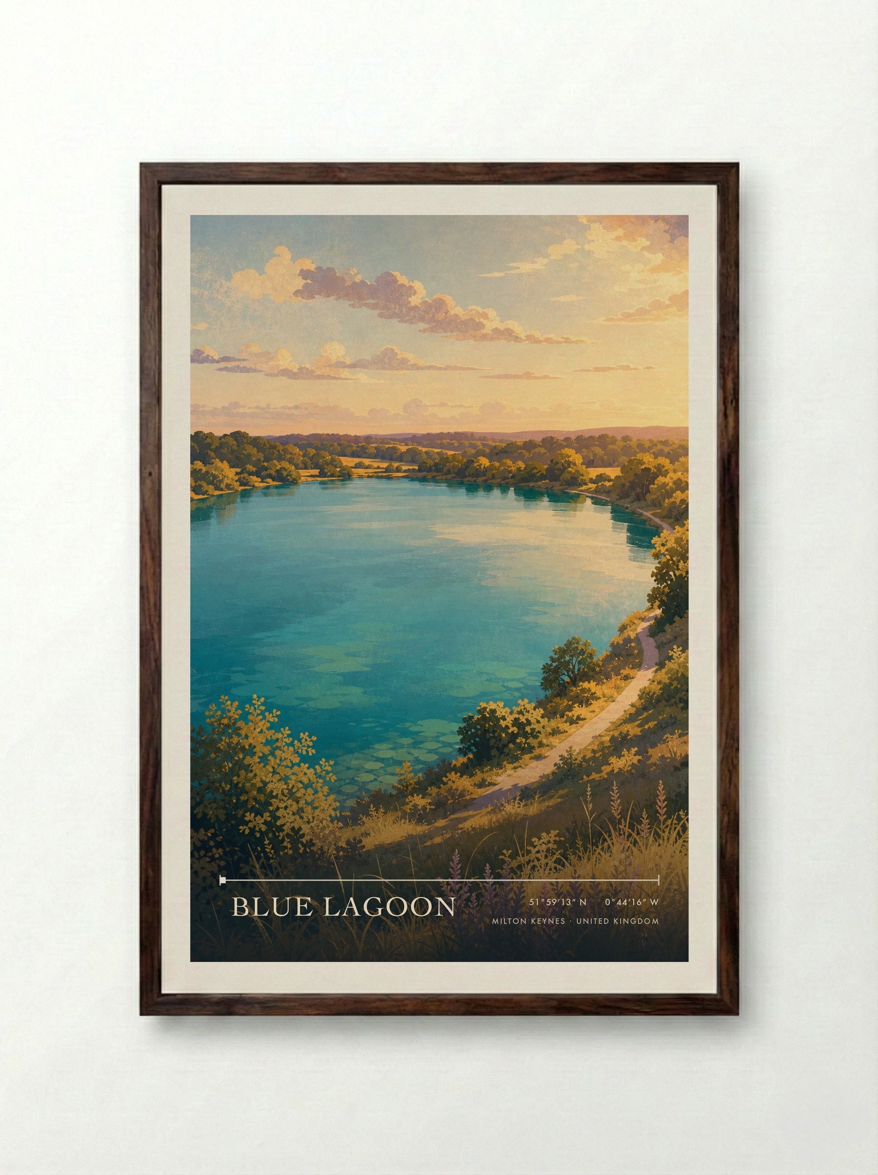 Blue Lagoon Milton Keynes United Kingdom Travel Poster - Framed Print Dark Wood