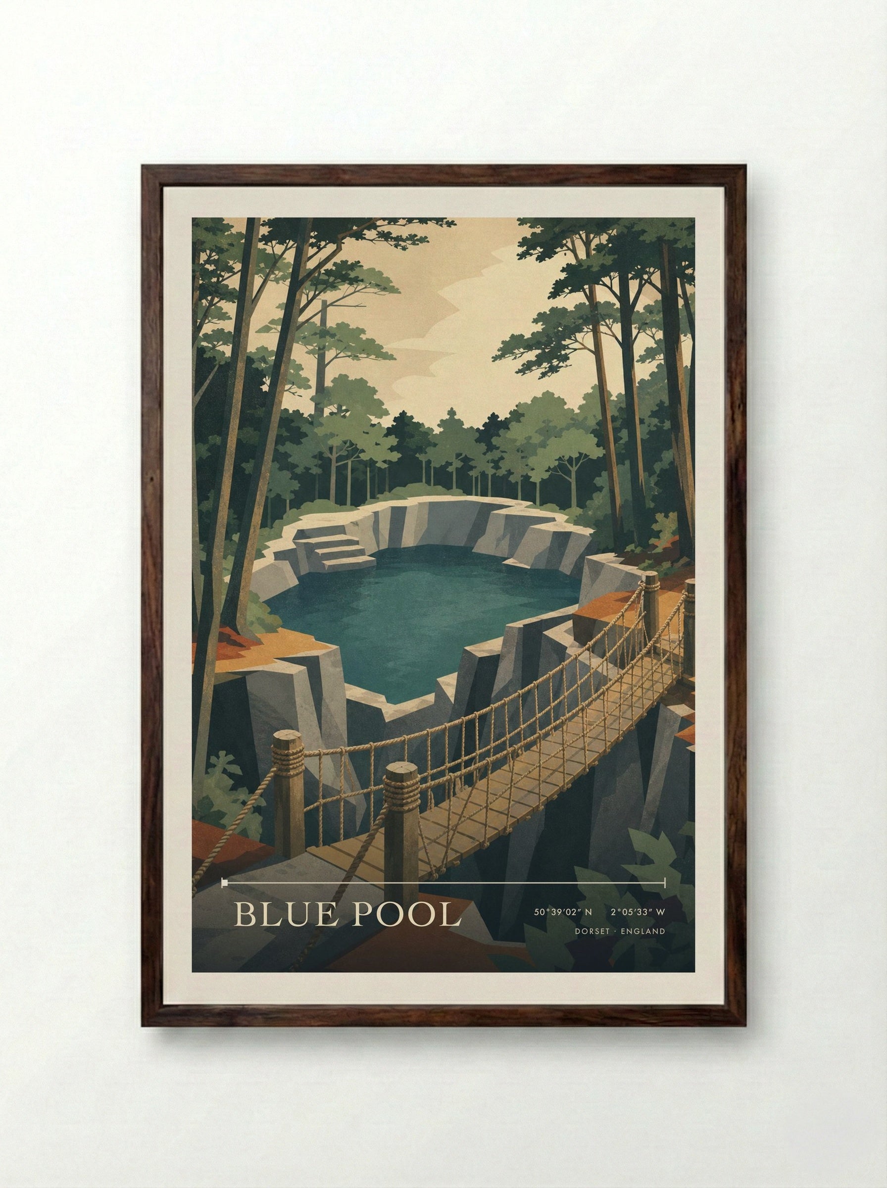 Blue Pool Dorset England Travel Poster - Framed Print Dark Wood