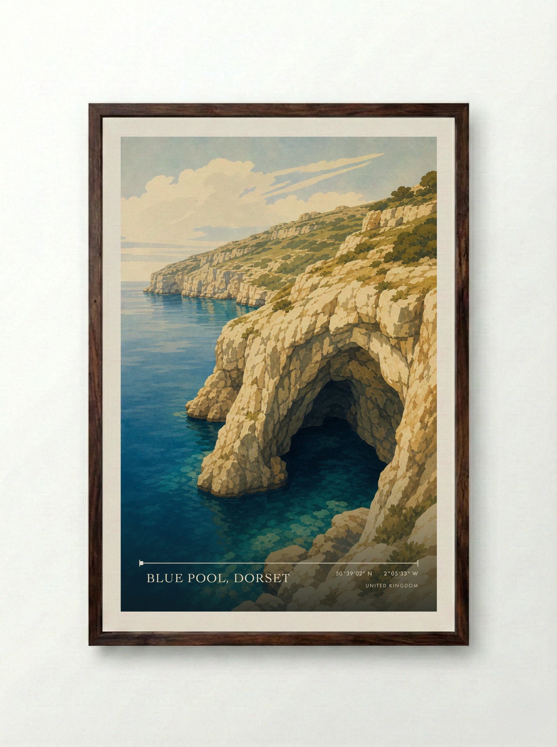 Blue Pool, Dorset United Kingdom Travel Poster - Framed Print Dark Wood