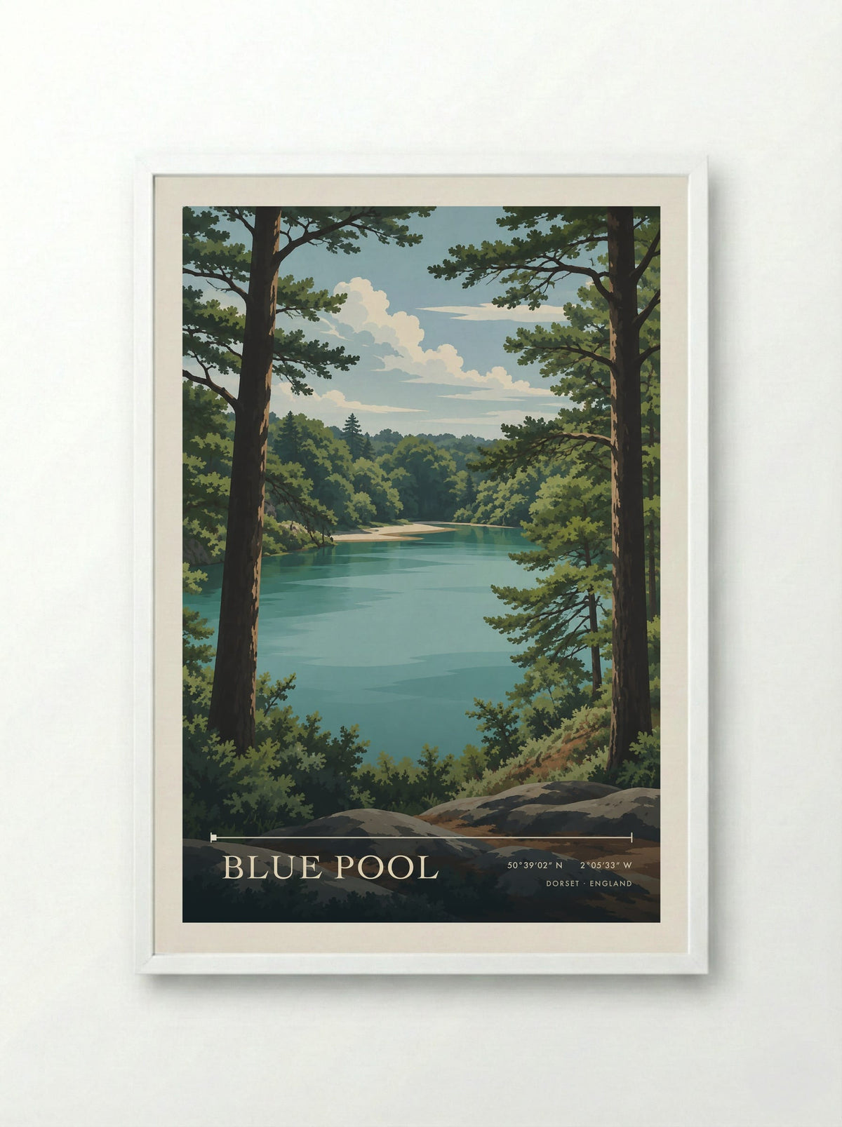 Blue Pool Dorset | Travel Poster - Framed Print White