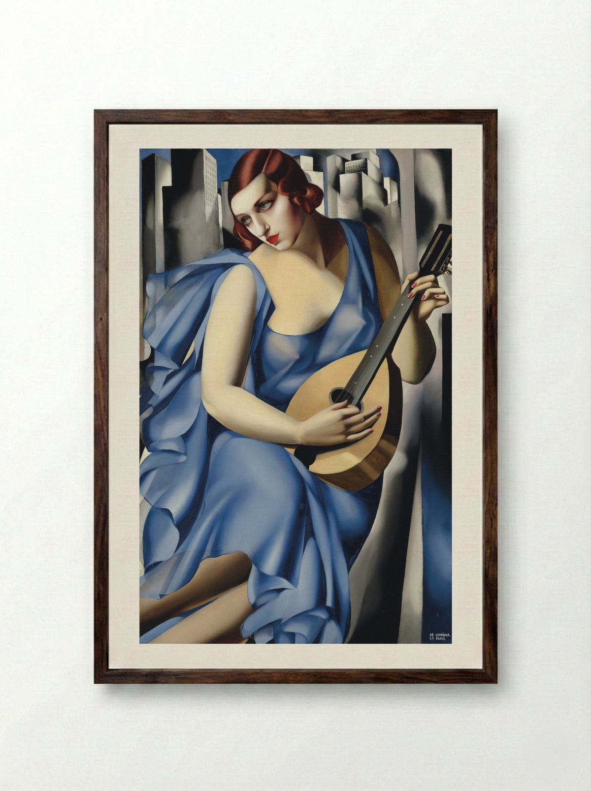 Blue Woman with a Guitar - Tamara de Lempicka - Framed Print Dark Wood