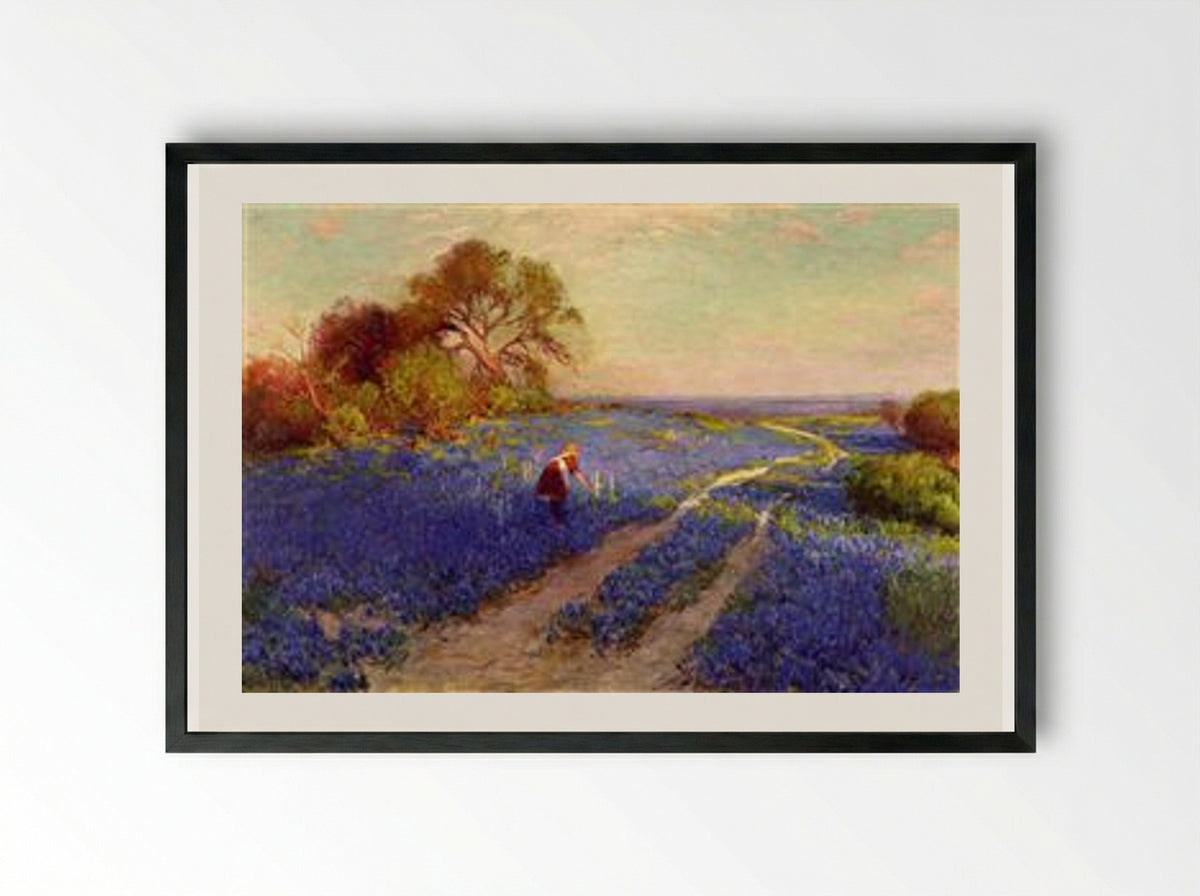 Bluebonnet Scene with a Girl - Robert Julian Onderdonk - Framed Print Black