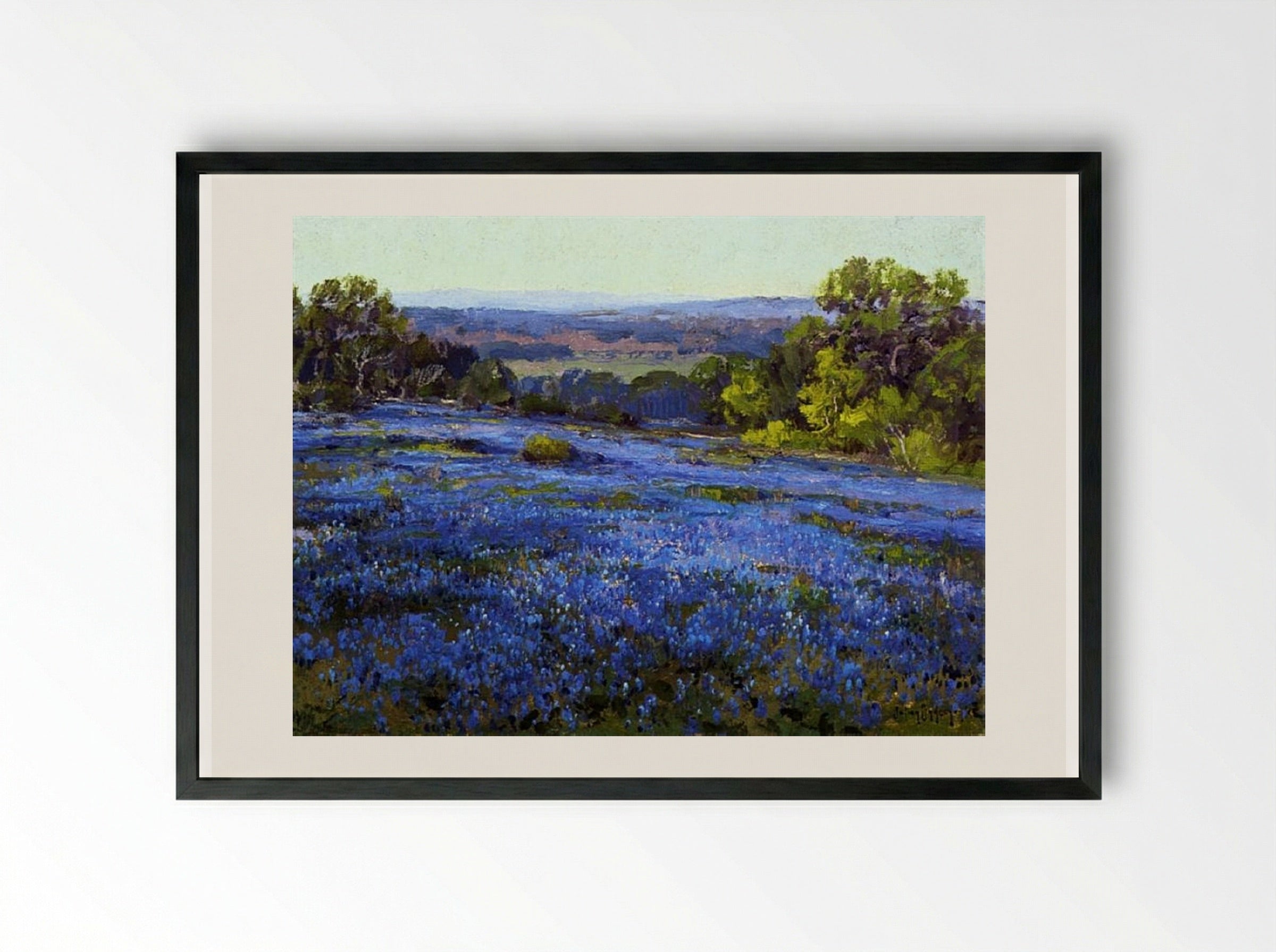 Bluebonnets, Late Afternoon, North of San Antonio - Robert Julian Onderdonk - Framed Print Black