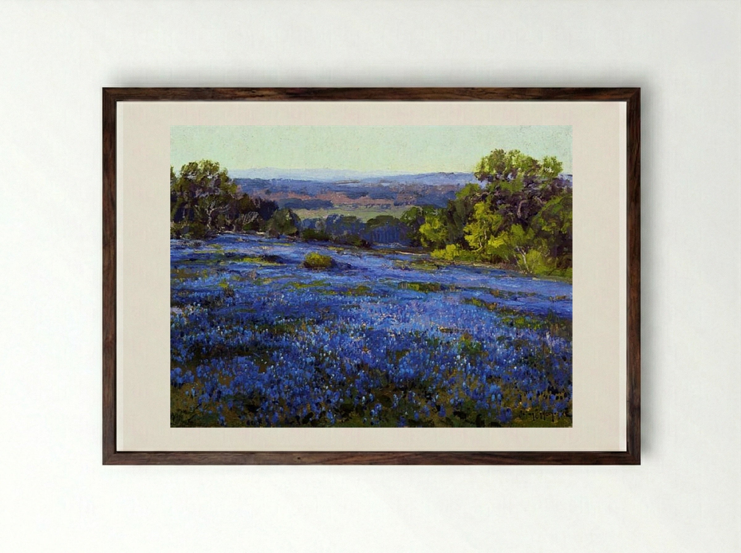 Bluebonnets, Late Afternoon, North of San Antonio - Robert Julian Onderdonk - Framed Print Dark Wood