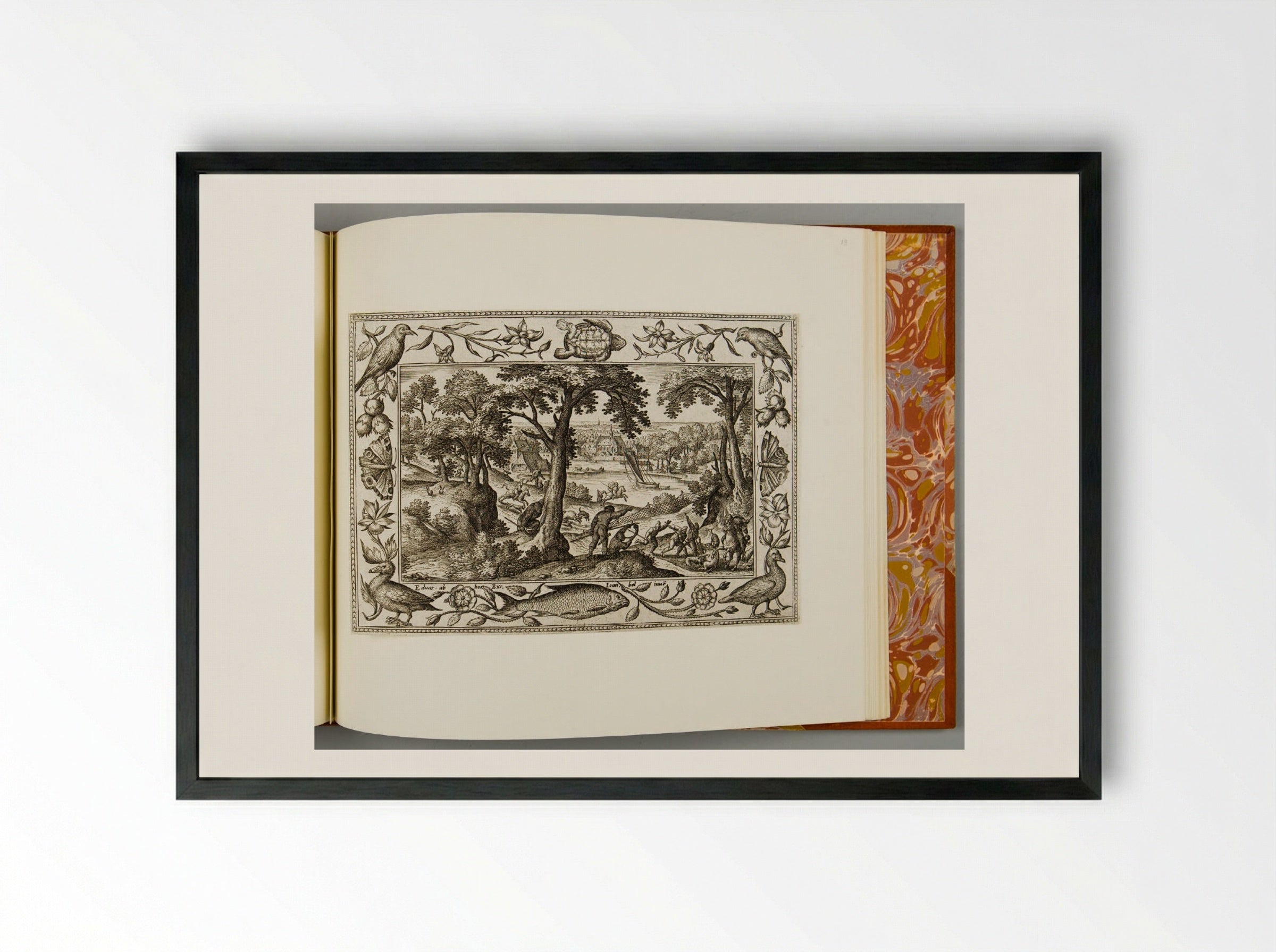 Boar Hunt, with Sea Turtle, Fish, and Bird - Adriaen Collaert - Framed Print Black