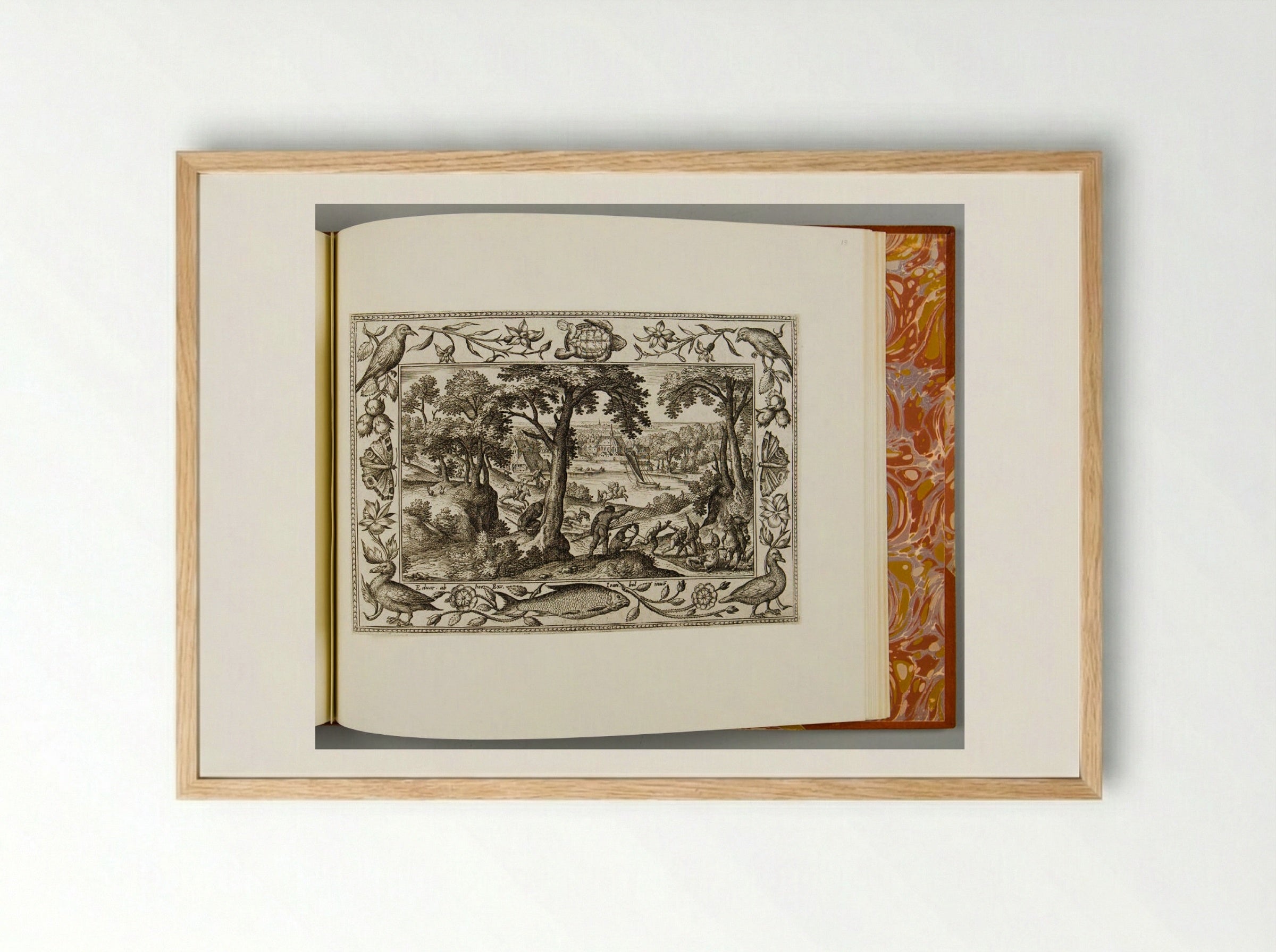 Boar Hunt, with Sea Turtle, Fish, and Bird - Adriaen Collaert - Framed Print Wood