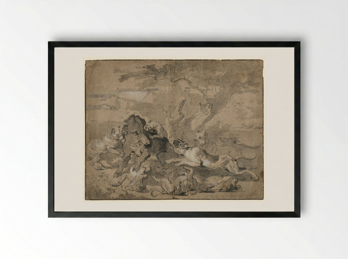Boar Hunt - Abraham Hondius - Framed Print Black
