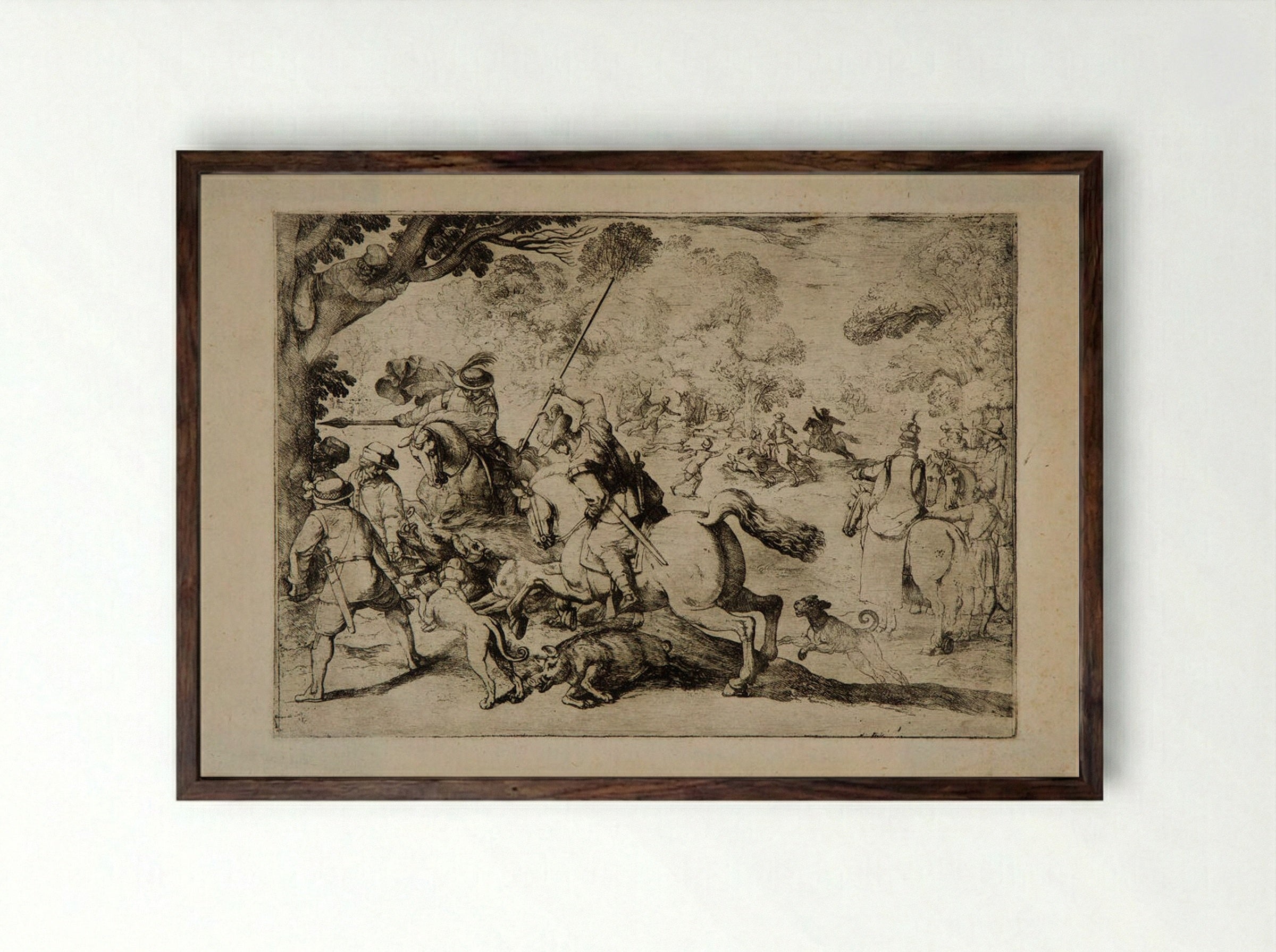 Boar Hunt - Antonio Tempesta - Framed Print Dark Wood