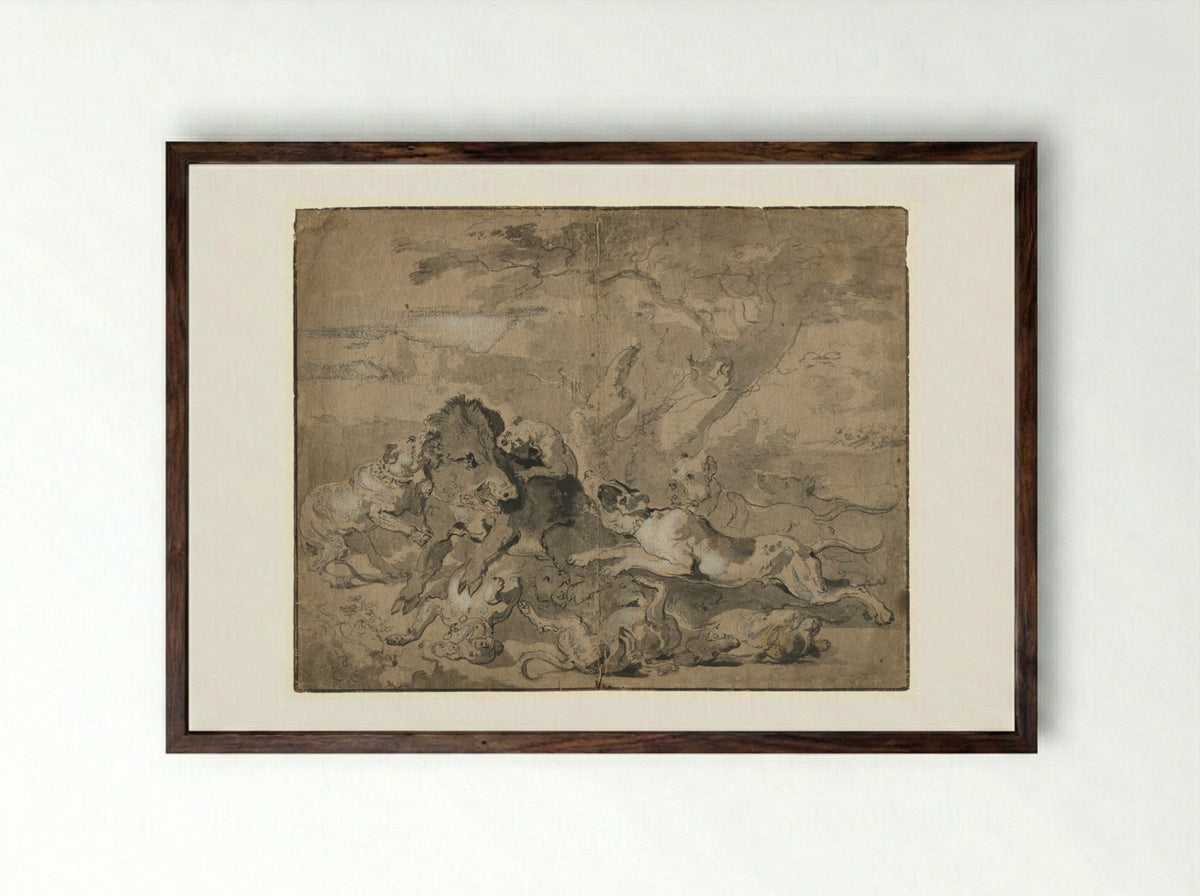 Boar Hunt - Abraham Hondius - Framed Print Dark Wood