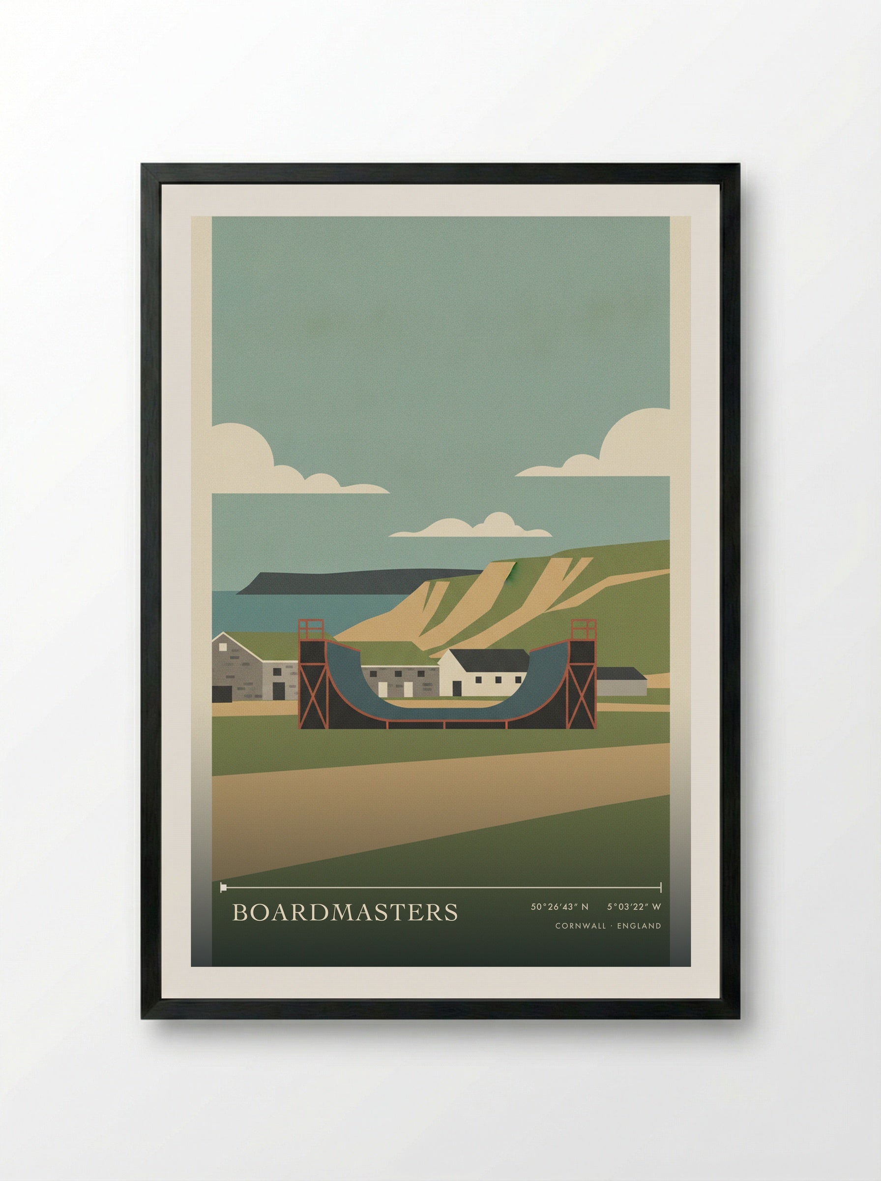 Boardmasters Cornwall England Travel Poster - Framed Print Black