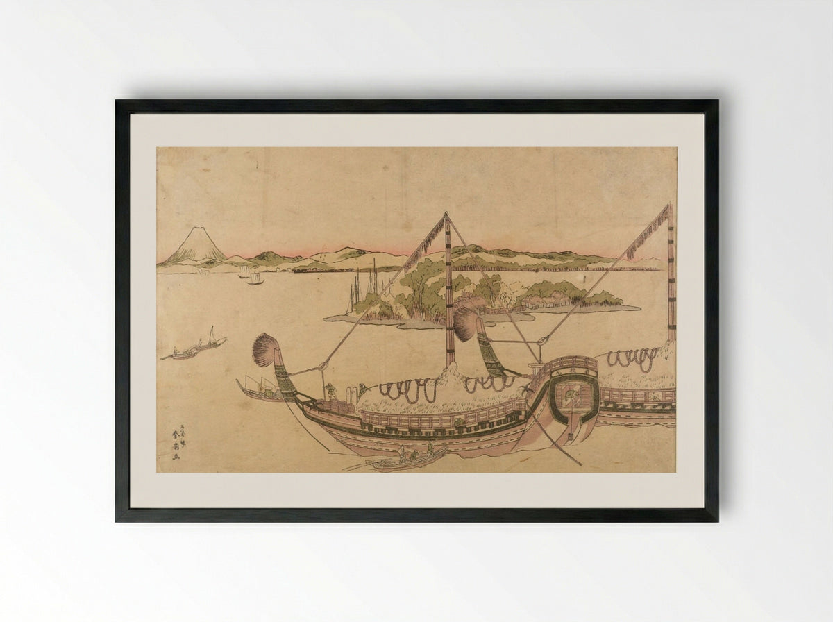 Boat, Island and Fuji - Katsukawa Shunsen - Framed Print Black