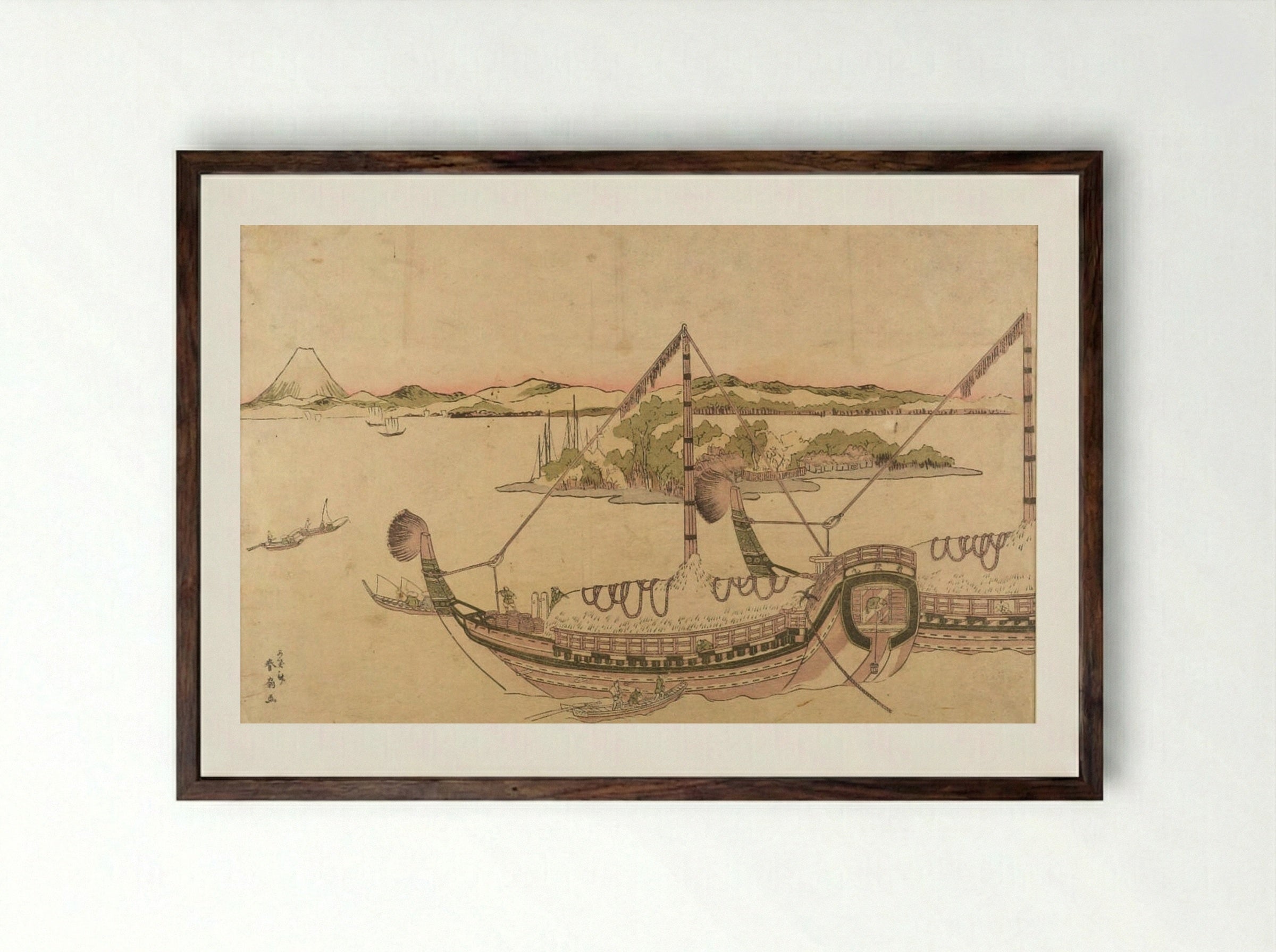 Boat, Island and Fuji - Katsukawa Shunsen - Framed Print Dark Wood